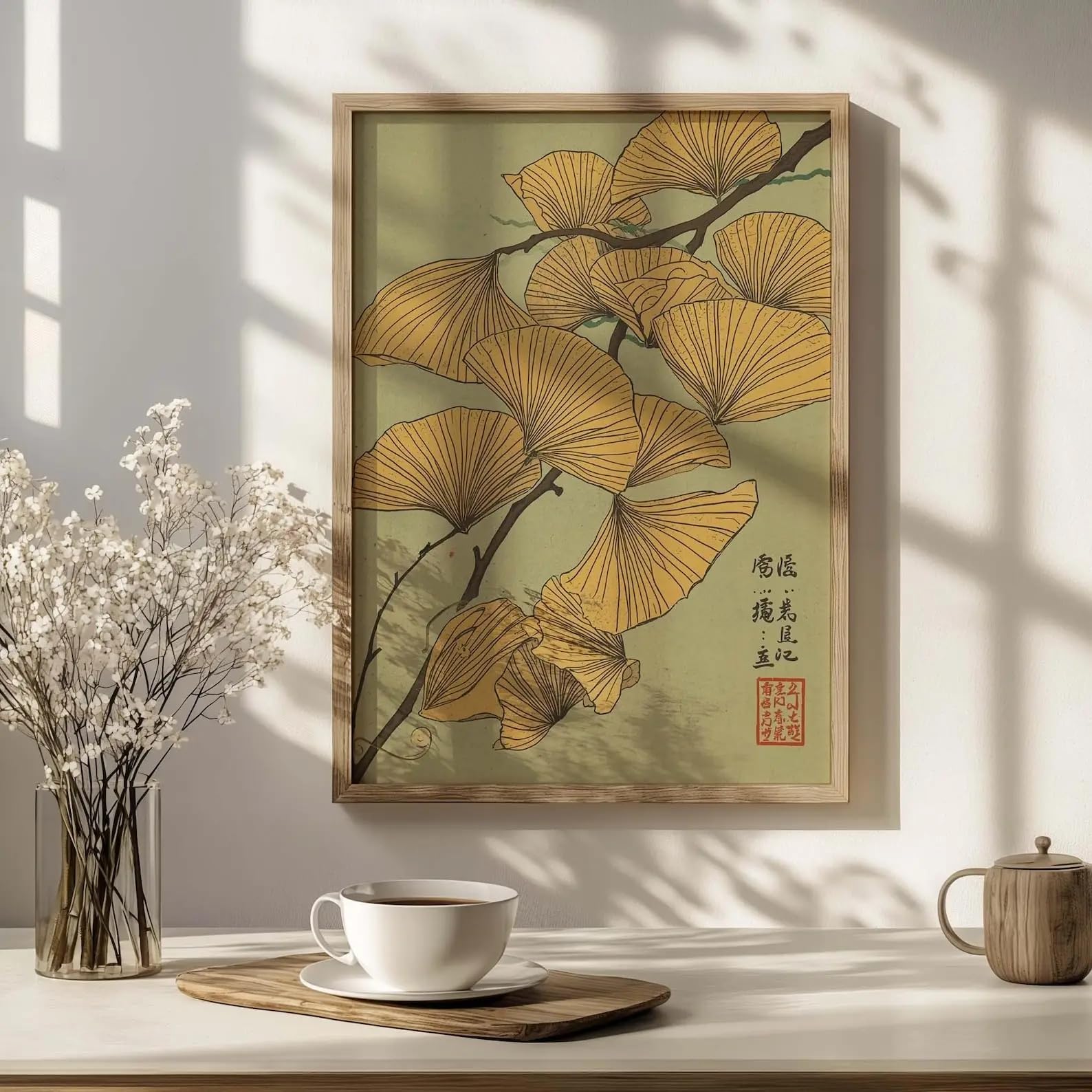 Dittelle Frameless Japanese Ginkgo Wall Art Print Vintage Botanical Canvas Wall Art Zen Nature Illustration Japandi Canvas Poster Decor(60X80cm/Frameless)