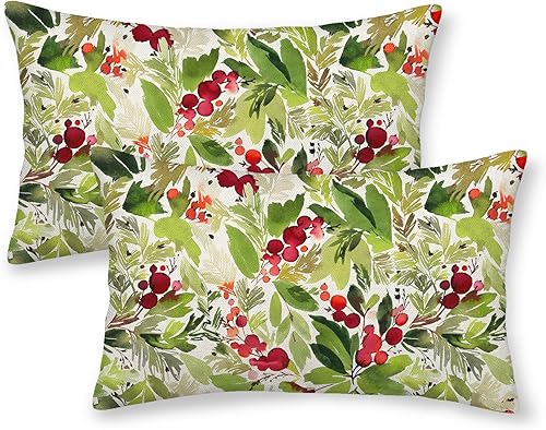 OFIRD Fundas de almohada navideñas de 12 x 20 pulgadas, paquete de 2 fundas de almohada de muérdago verde de Navidad, guirnalda de hojas de