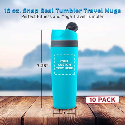 Miniatura 5 de DISCOUNT PROMOS Tazas de viaje personalizadas de 16 onzas con cierre a presión, paquete de 10, texto personalizado, logotipo, verde azulado