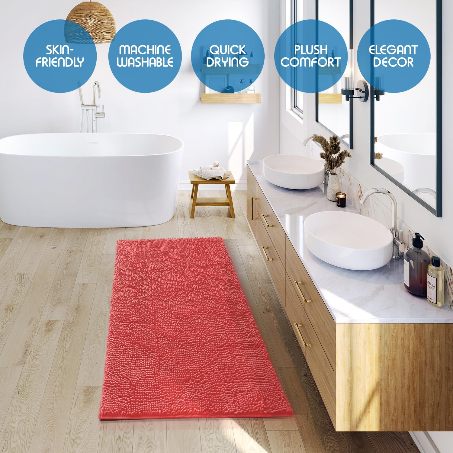 Nestl Bathroom Rugs, Chenille Bath Mat - Machine Washable Bath Mats for Bathroom Non-Slip Backing Rubber, Quick Dry Bathroom Mat - Rose Bath Rug, 26x44