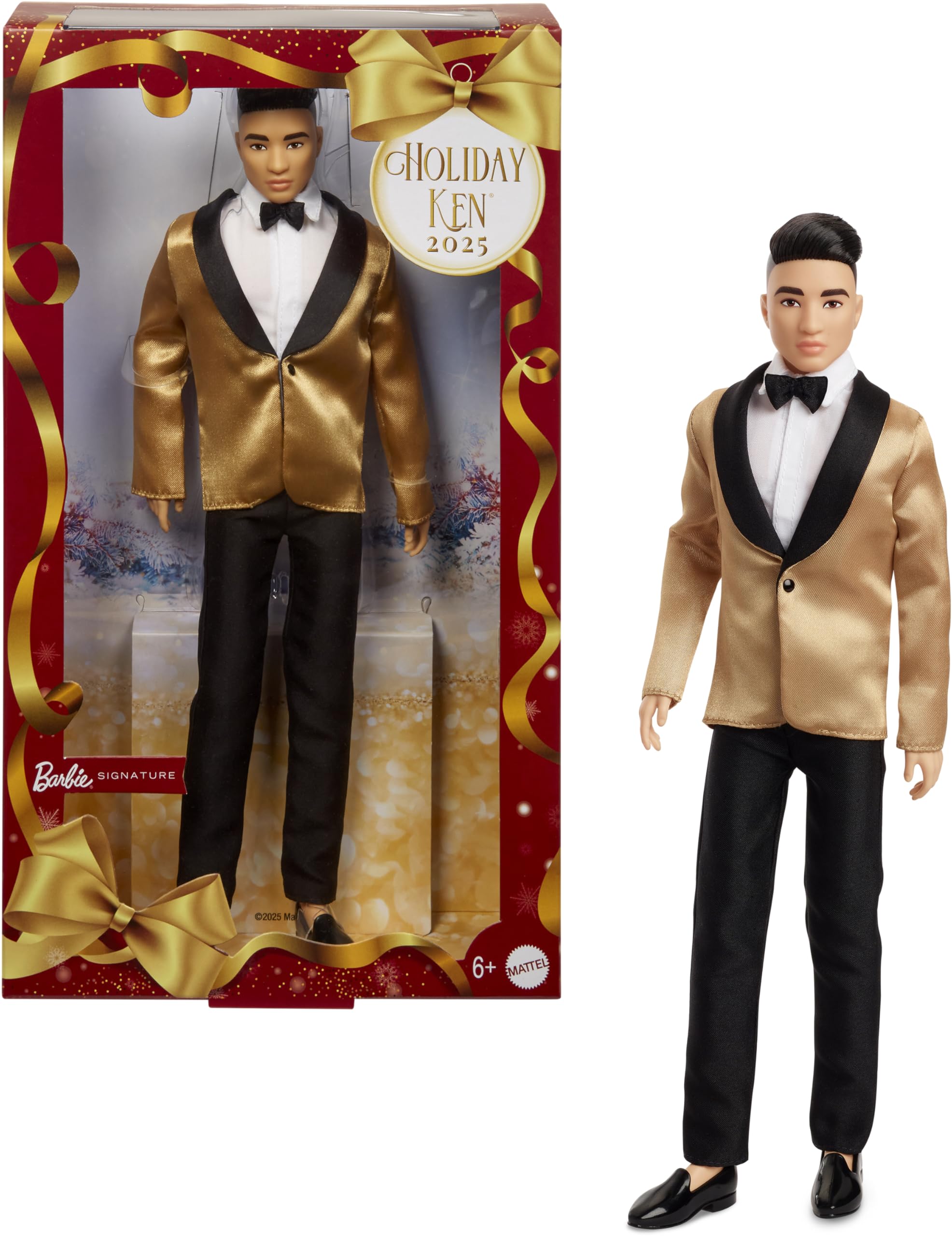 Barbie Signature 2025 Holiday Black Hair Ken Collectible Fashion Doll Wearing Full Suit with Golden Jacket in Displayable Packaging & Doll Stand