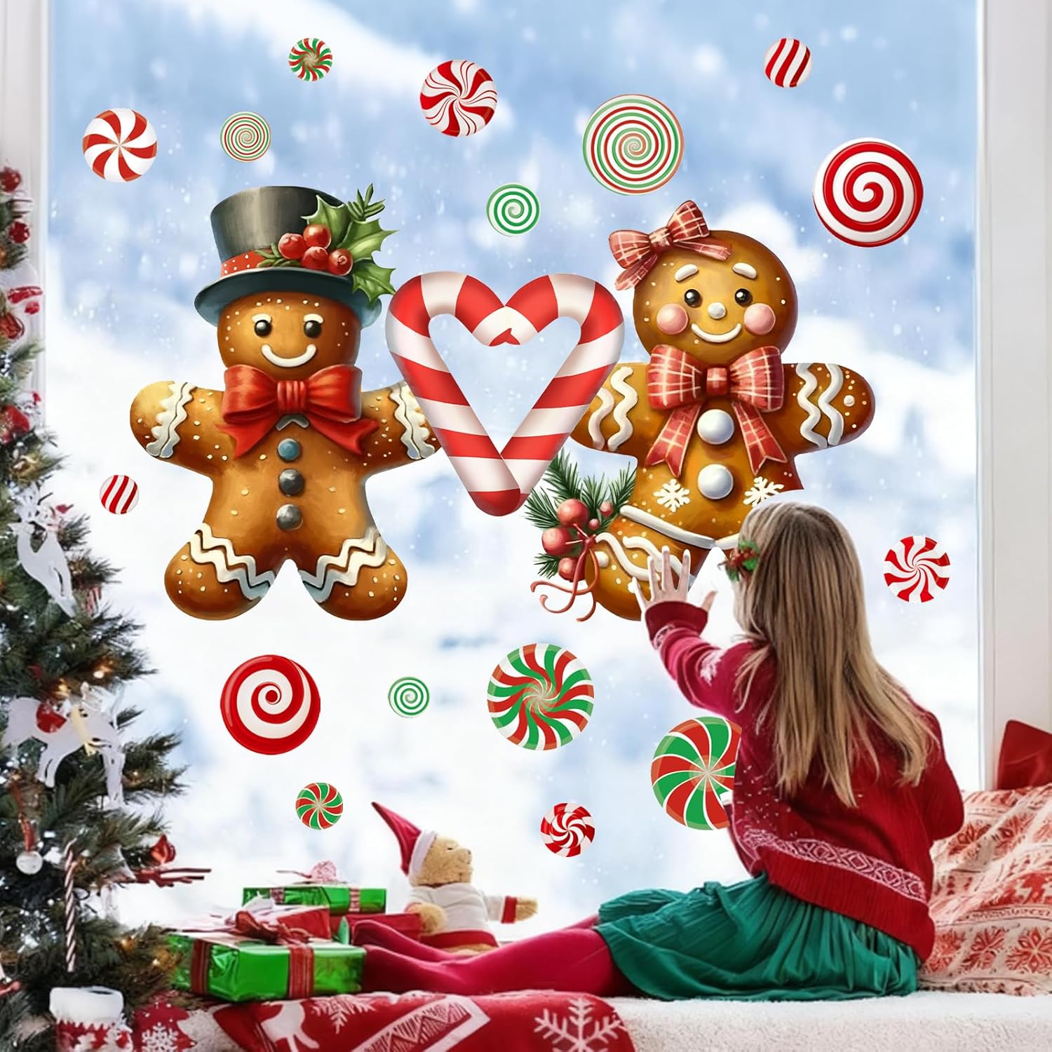 Christmas Window Clings Decorations:Extra Large Gingerbread Man Window Clings Watercolor Rustic Xmas Stickers for Kids Home Office School Winter Holiday Décor Christmas Decorations