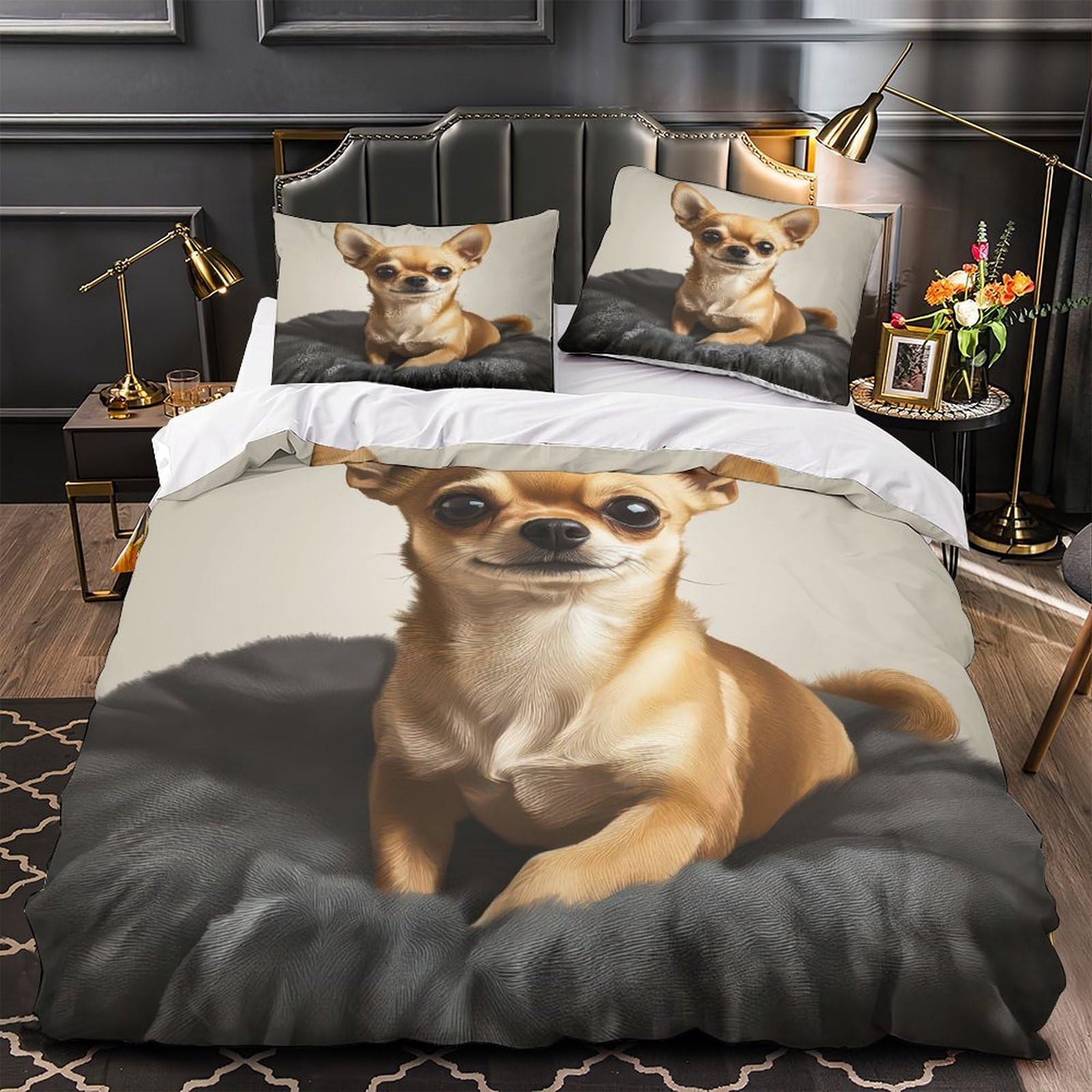 MMDASBVPE Chihuahua Puppy Duvet Cover 3D Design Printed Anti-allergic 3 Pieces Bedding Set Zipper Quilt Cover Hotel Quality Wrinkle-Resistant for Adults Kids Women Teens Youth King（220x240cm）