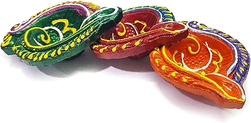 Vista 6 de 12 Pc Set of Diwali Gift/Decorations Clay Diya.Handmade Natural Earthen Oil Lamp/Welcome Traditional Diyas with Cotton Wicks Batti. Deepawali Diya