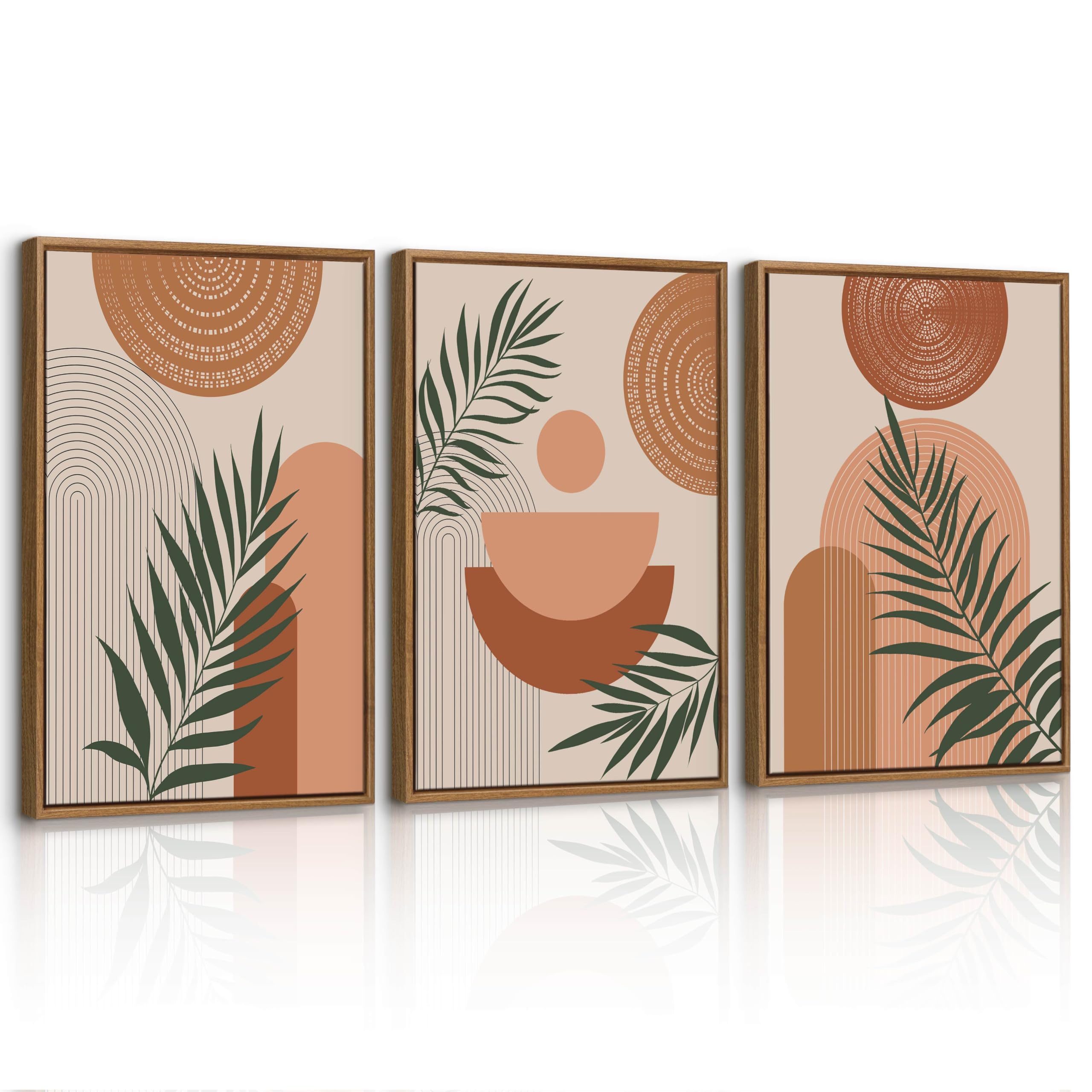 3 Pcs Boho Geometric Lines Framed Canvas Wall Art Set, Orange Aesthetic Plants Leaf Wall Pictures Nordic Minimalist Art Prints Poster Painting Home Decor for Bedroom Living Room Office 30x40cmx3 Pcs — image 1