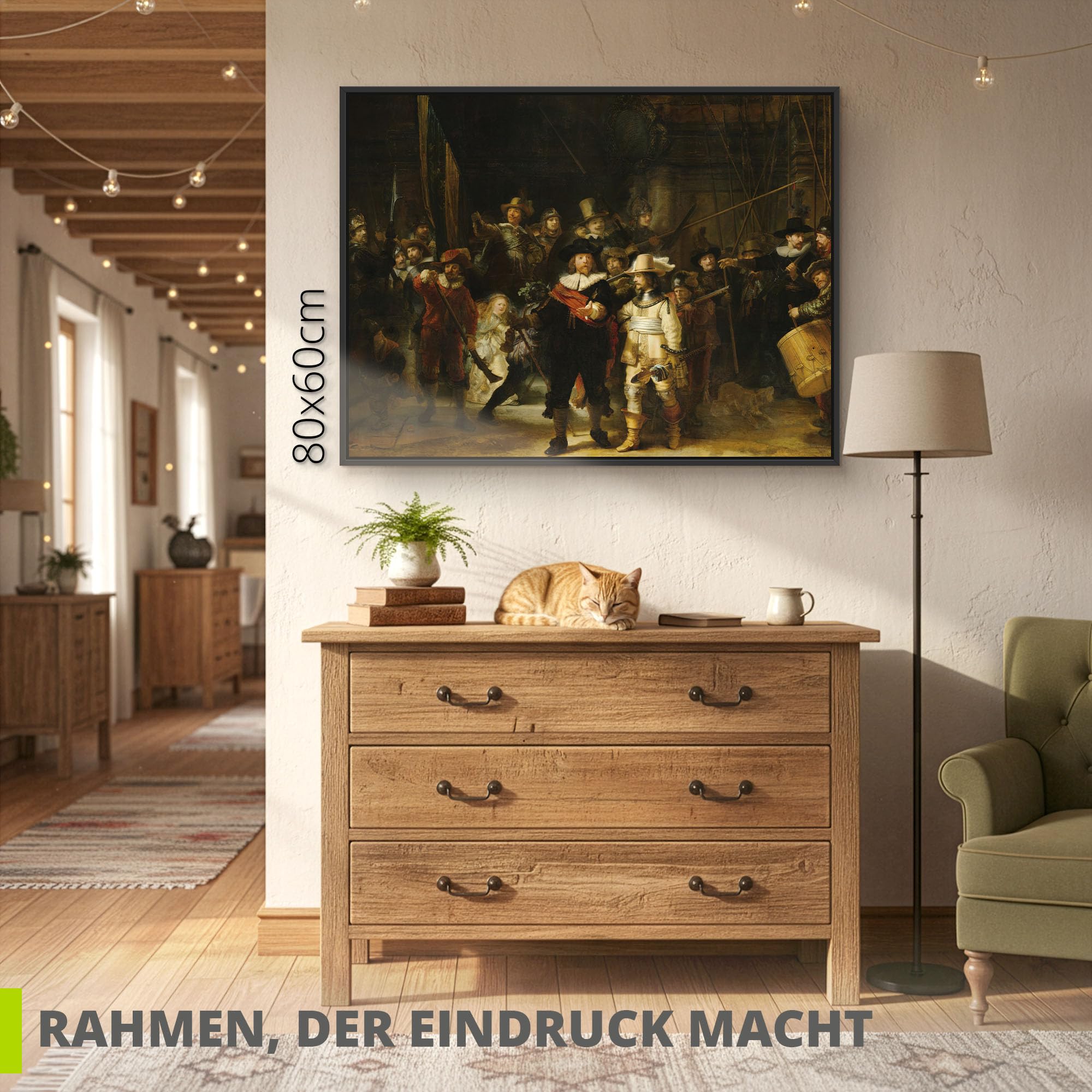 ARTLAND Leinwandbild Rembrandt Die Nachtwache Barock 80x60 cm Kunstdruck mit Schattenfugenrahmen Schwarz oder Gold - Wandbild Wohnzimmer Deko aufhängefertig Made in Germany T6IJ