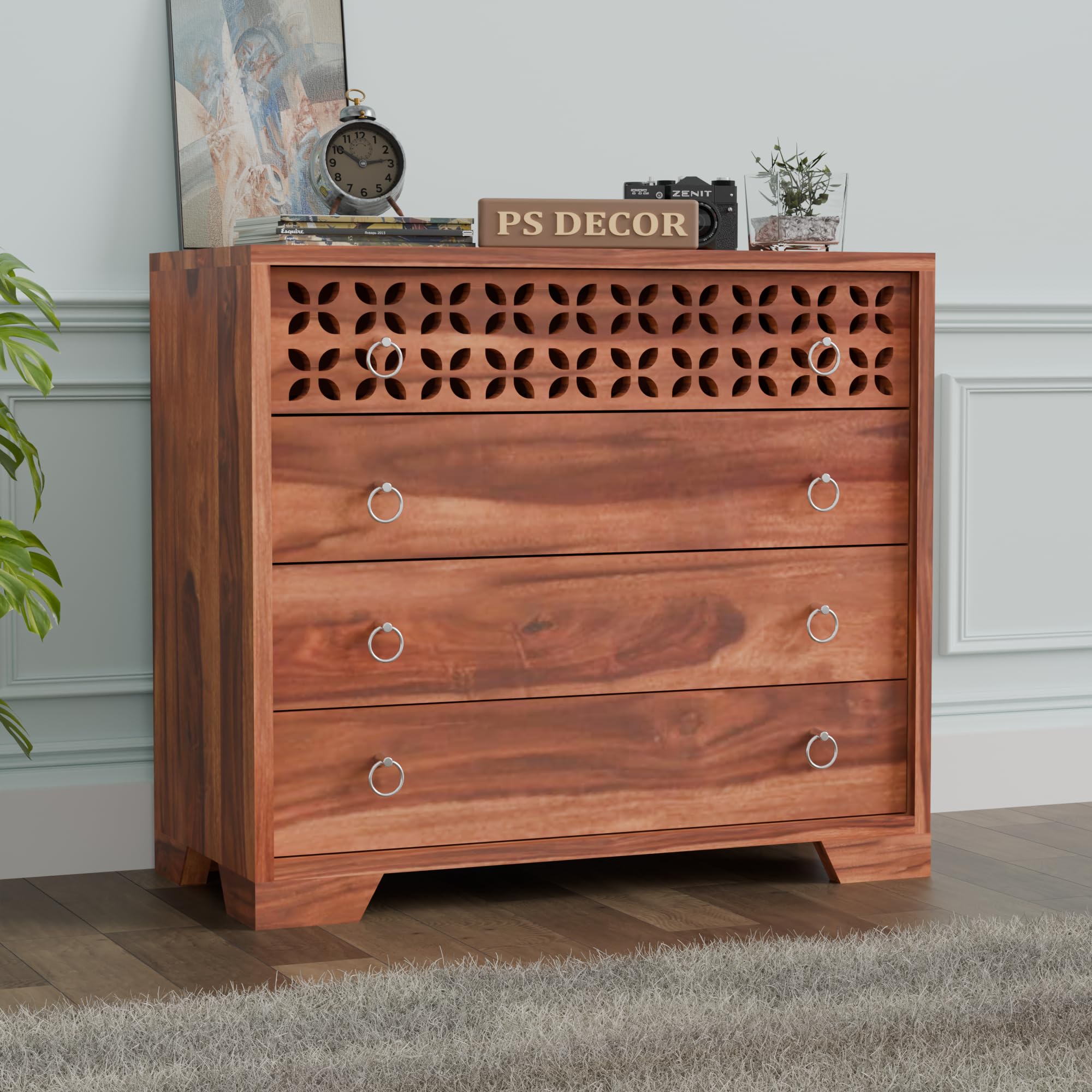 PS Decor Handcrafted Sheesham Wood Dressers Chests of 4 Drawers | Kitchen Crockery Cabinet Unit | Sideboard Storage Cabinets | Bedroom Furniture | Wooden Chests of Drawers (Honey Finish)-image-24