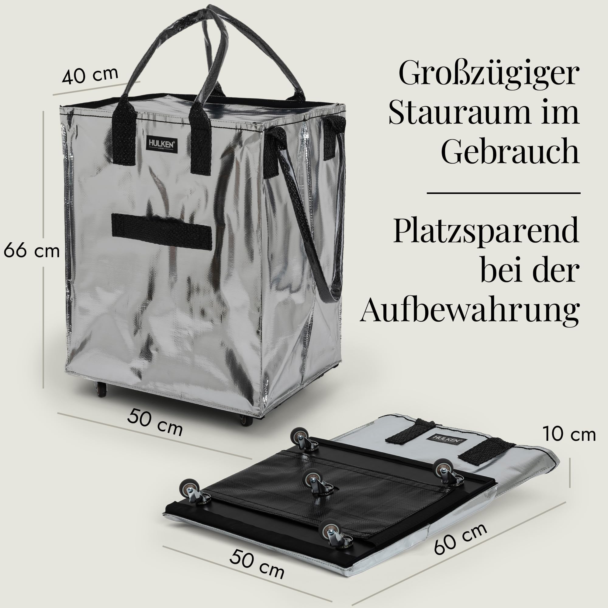 HULKEN - (Große, silberne) wiederverwendbare Einkaufstasche auf Rädern. Der Einkaufswagen trägt bis zu 30 kg. Der klappbare Einkaufstrolley hat robuste Griffe und Reißverschluss, ist flach und faltbar