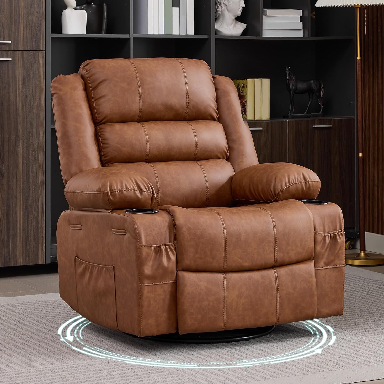 Rocking Recliner Chair for Adults PU Leather Wide 360° Swivel Rocker Recliner with Cup Holder Nursery Glider with Upholstered Deep Seat Lazy boy Chair for Living Room Brown