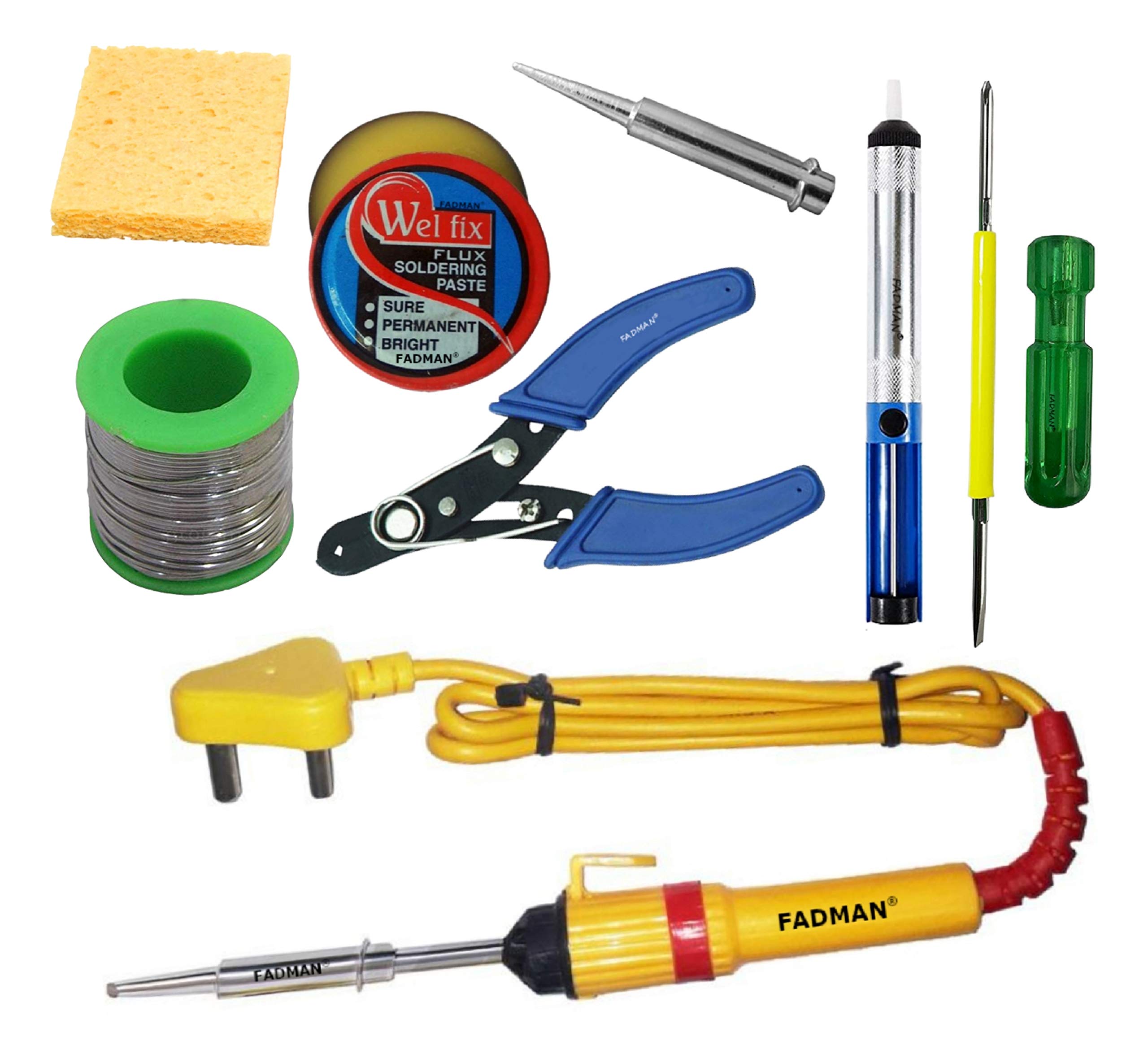 Fadman Basic Kit Soldering Iron Kit | 25w Soldering Iron, Soldering Wire, Tips, Sponge, Soldering Flux, Soldering Pen, 2 in 1 Screw Driver & Wire Cutter (yellow+black, Combo of 8) (B08WH317F3) Amazon Price History, Amazon Price Tracker