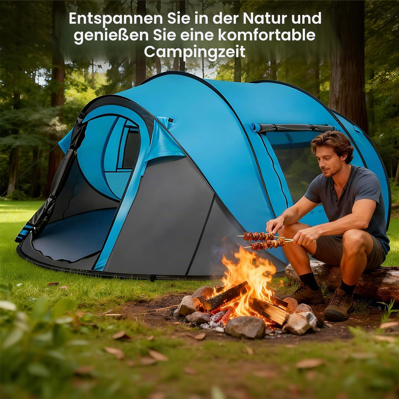 Instant Pop Up Zelt 3-4 Personen, Automatisches 3-Sekunden-Zelt mit PU3000mm Wassersäule, 290x200cm Campingzelt mit Belüftung, Verstärkt & Stabil für Festival, Strand und Garten