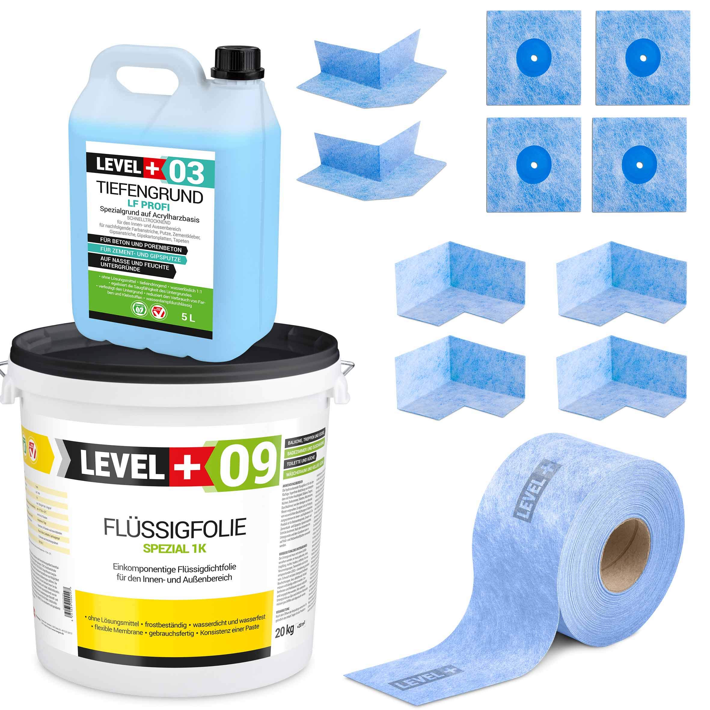 Dicht-Set 20 Kg Flüssigfolie, 4 Innenecken, 4 Wandmanschetten, 20m Dichtband, Tiefengrund 5 L Balkonabdichtung Terrasse Keller Bad SET69