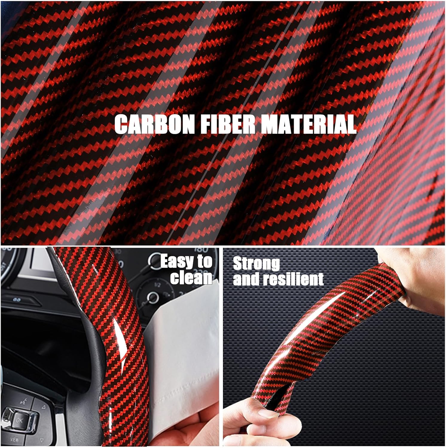 Carbon Fiber Steering Wheel Covers 3 Piece Clip on Steering Wheel Cover (Red) - Image 3