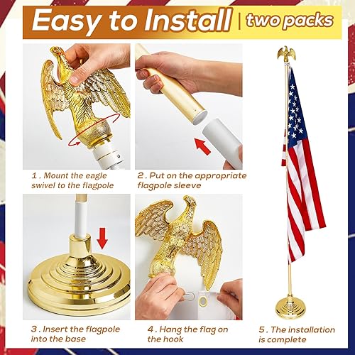Miniatura 2 de Shimeyao Juego de 2 mástiles de bandera para interiores de 8 pies con base y decoración de águila de alta resistencia con soporte de bandera para