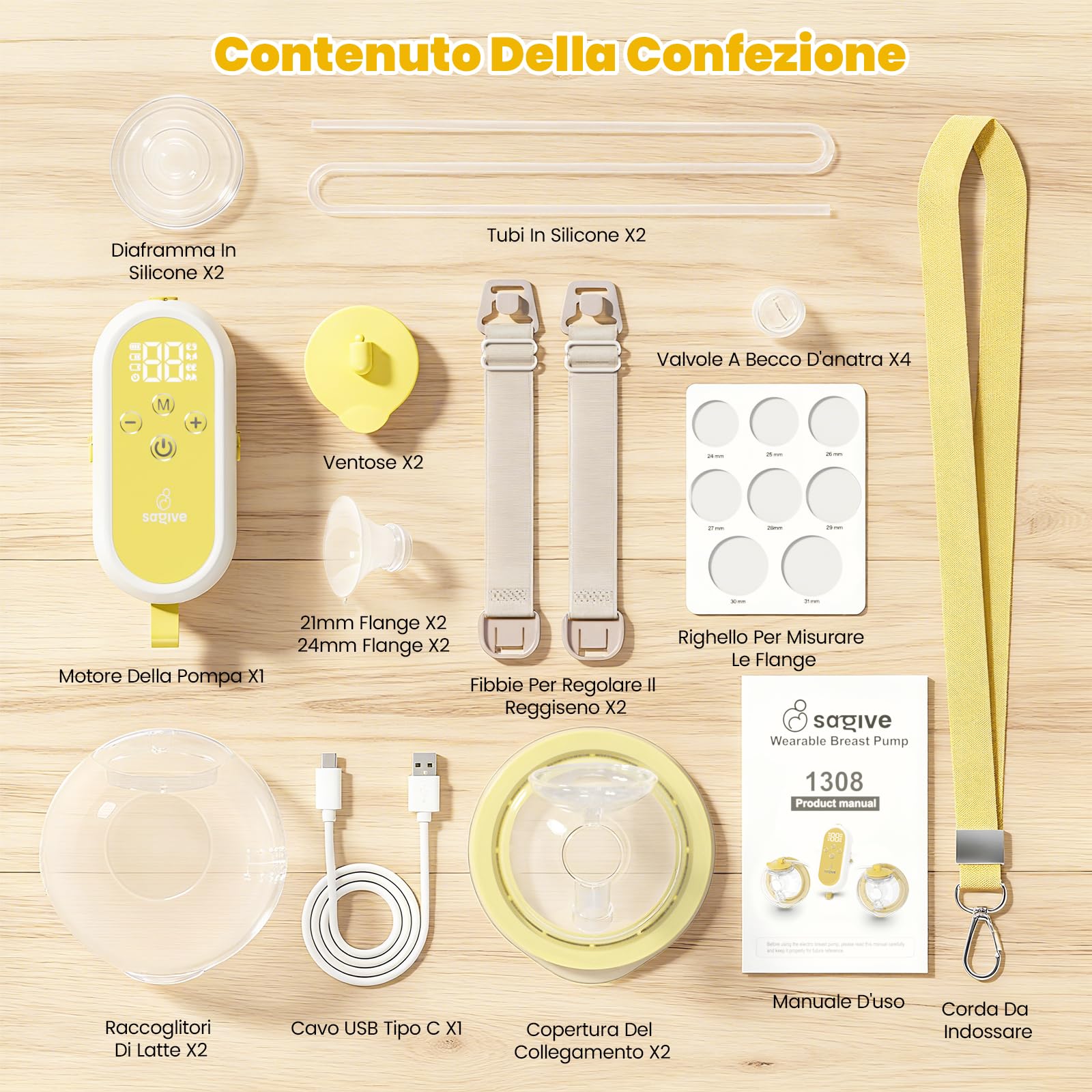 Saglve Tiralatte Elettrico Indossabile - 80g Tira Latte Neonati con 4 Modalità 12 Livelli 300mmHg, Portatile Ricaricabile 21/24mm Flangia Breast Pump Electric Portatile Casa, Ufficio, Viaggio