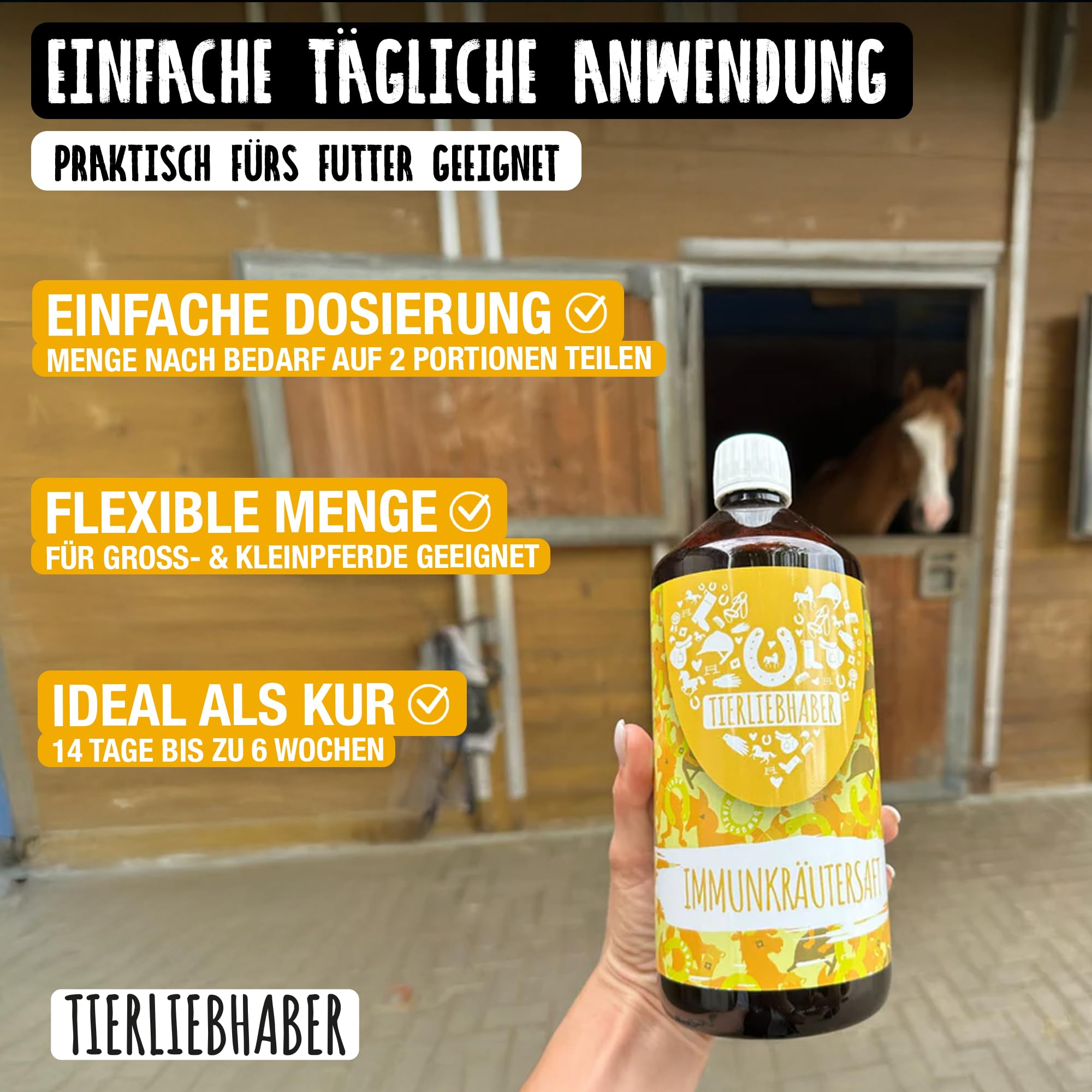 TIERLIEBHABER – Immunkräutersaft für Pferde 1L – Tierärztlich entwickelt – Immunsystem stärken & Abwehrkräfte aktivieren – Mit Hagebutte, Süßholzwurzel und Kräutern – Natürlicher Immun Booster Saft