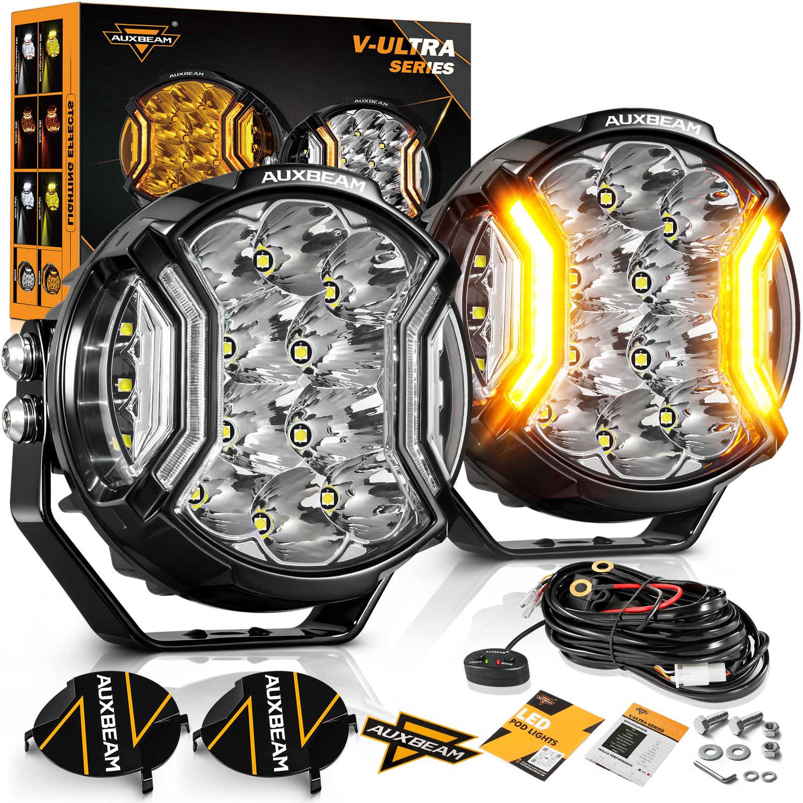 5In V-Ultra Series 172W LED Light Pods, Offroad Round Driving Light with Amber DRL, 270° Wide Range Super Bright Side Shooter White Hyper Spot Beam Universal Lights with Black Cover-2PCS