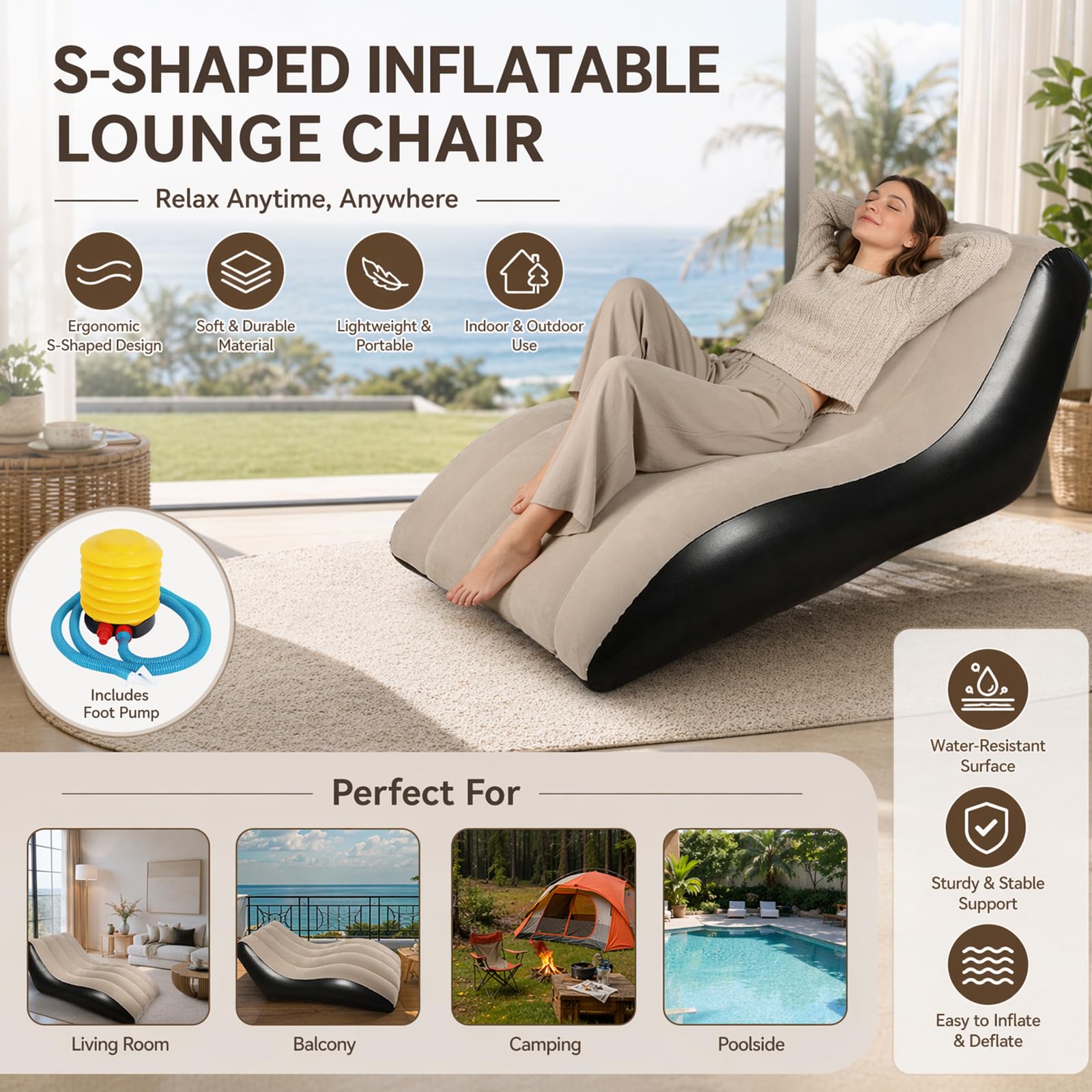 Yuragim Aufblasbares Sofa Aufblasbare Liege, 155x86x67cm Aufblasbare Luftbett mit Luftpumpe, Tragbare Aufblasbare Couch Camping Sofa, Aufblasbarer Sessel Wasserdichtes Luftsofa für Outdoor Strand Park
