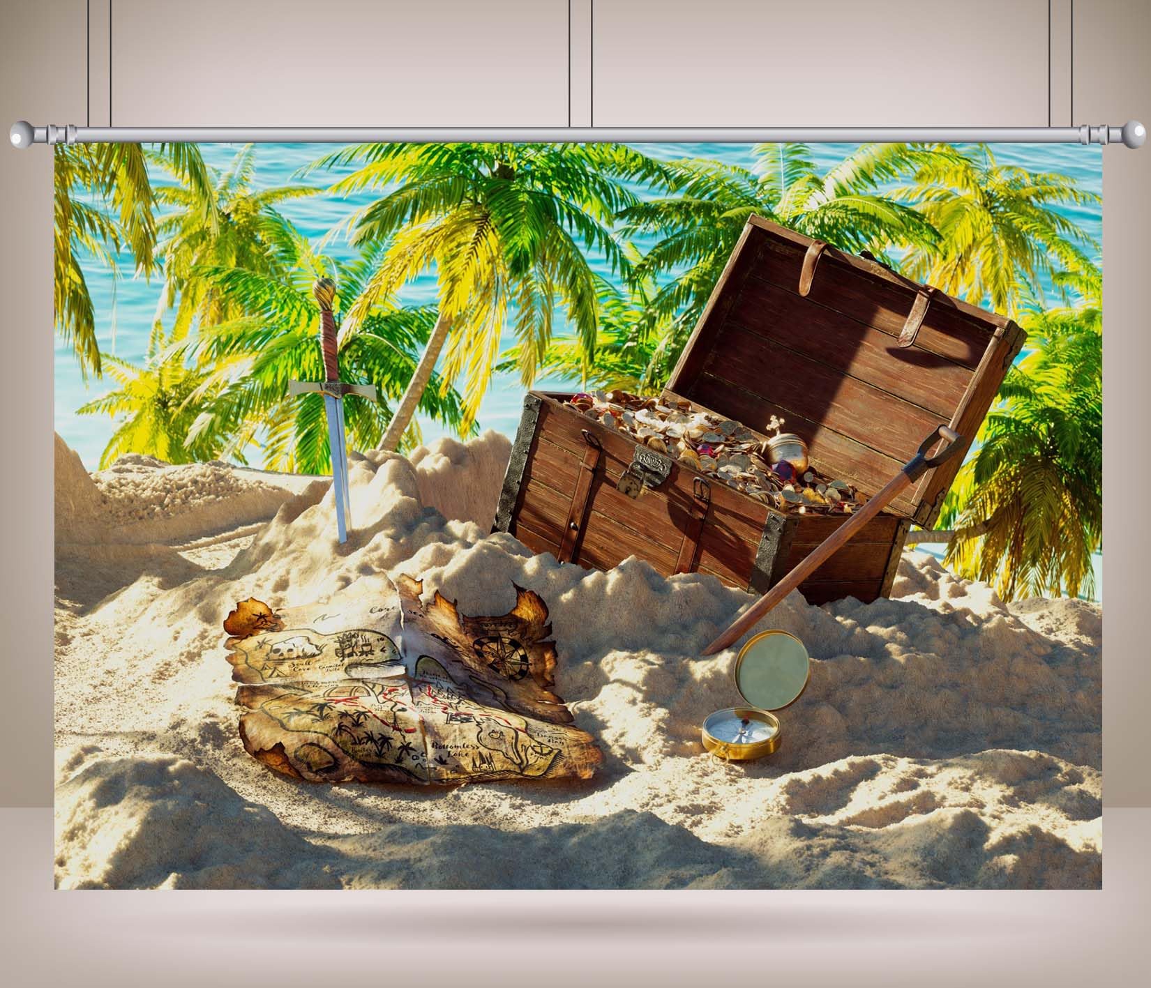 BELECO 4.6x2.5m Telo sfondo tema pirata | Vecchia mappa pirata scrigno tesoro spada bussola spiaggia tropicale palme sfondo halloween accessori foto