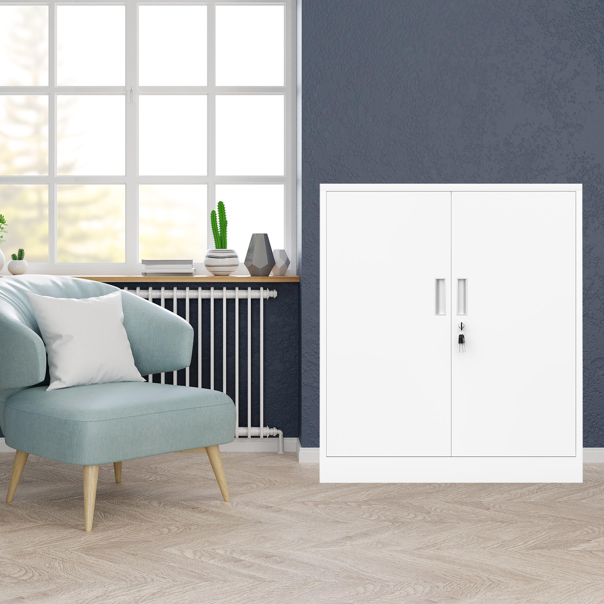 iJINGUR Armoire de Rangement en métal avec Portes verrouillables et 2 étagères réglables, Petite Armoire de Rangement verrouillable pour la Maison, Le Bureau, Le Garage (Blanc, 92H cm)