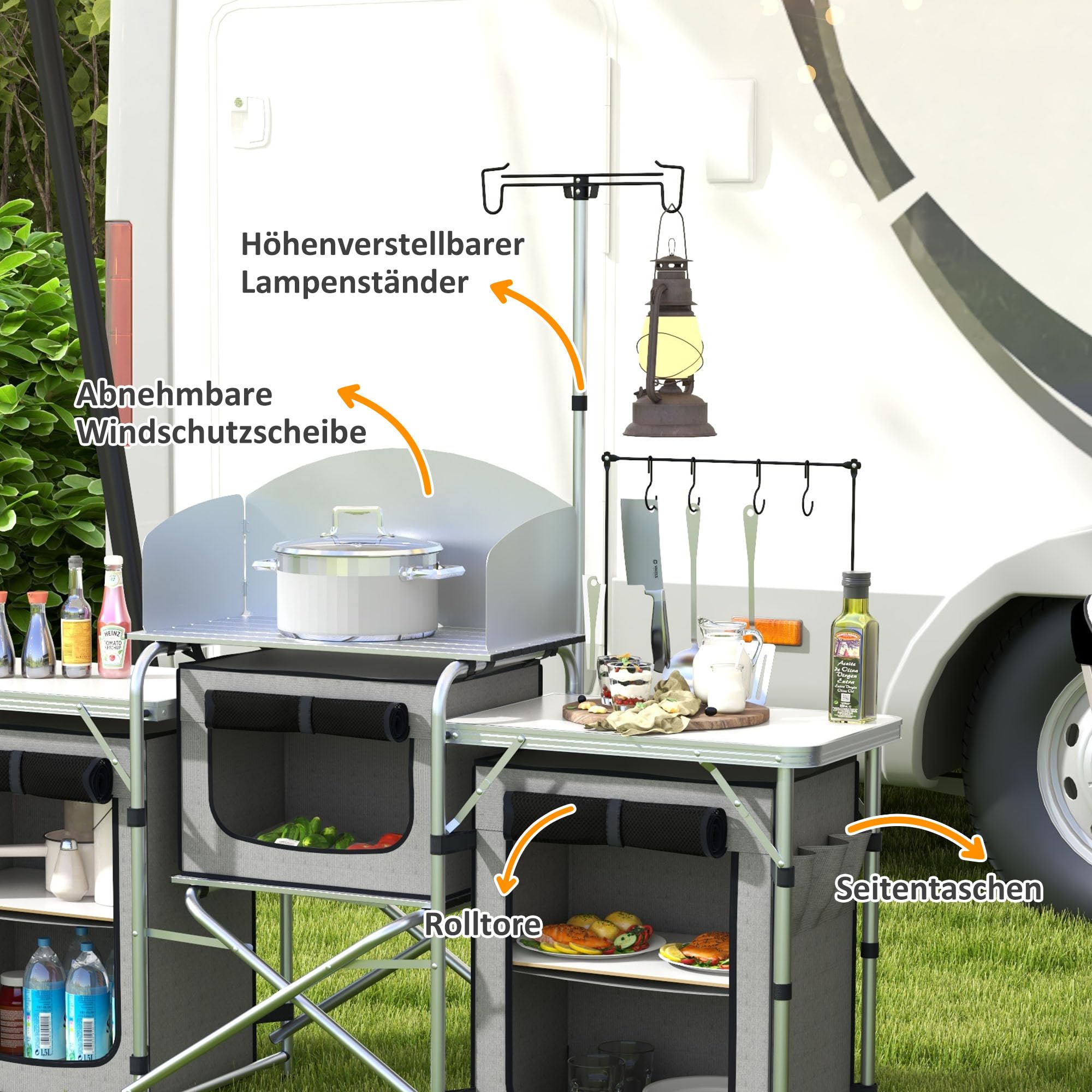 Outsunny Camping Küche faltbar Campingschrank mit Aluminiumgestell, Lichtständer, Campingküche mit Staufächern Arbeitsplatte Windschutz, Reiseküche, Outdoor Küchenschrank für Camping Reisen