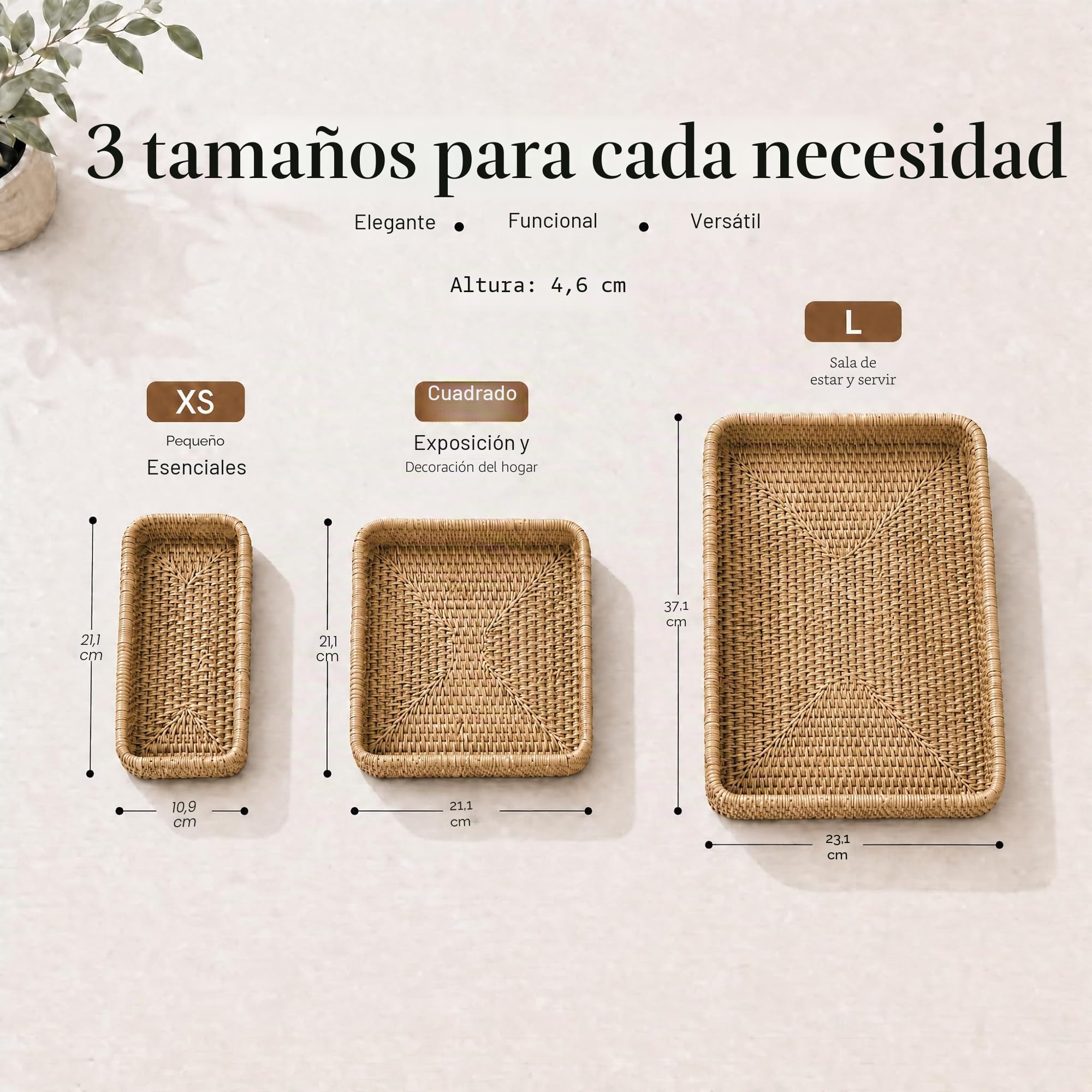 Bandeja de ratán para servir, bandeja tejida rectangular, cestas decorativas de mimbre natural para organizar la mesa, baño, encimera de cocina (natural)