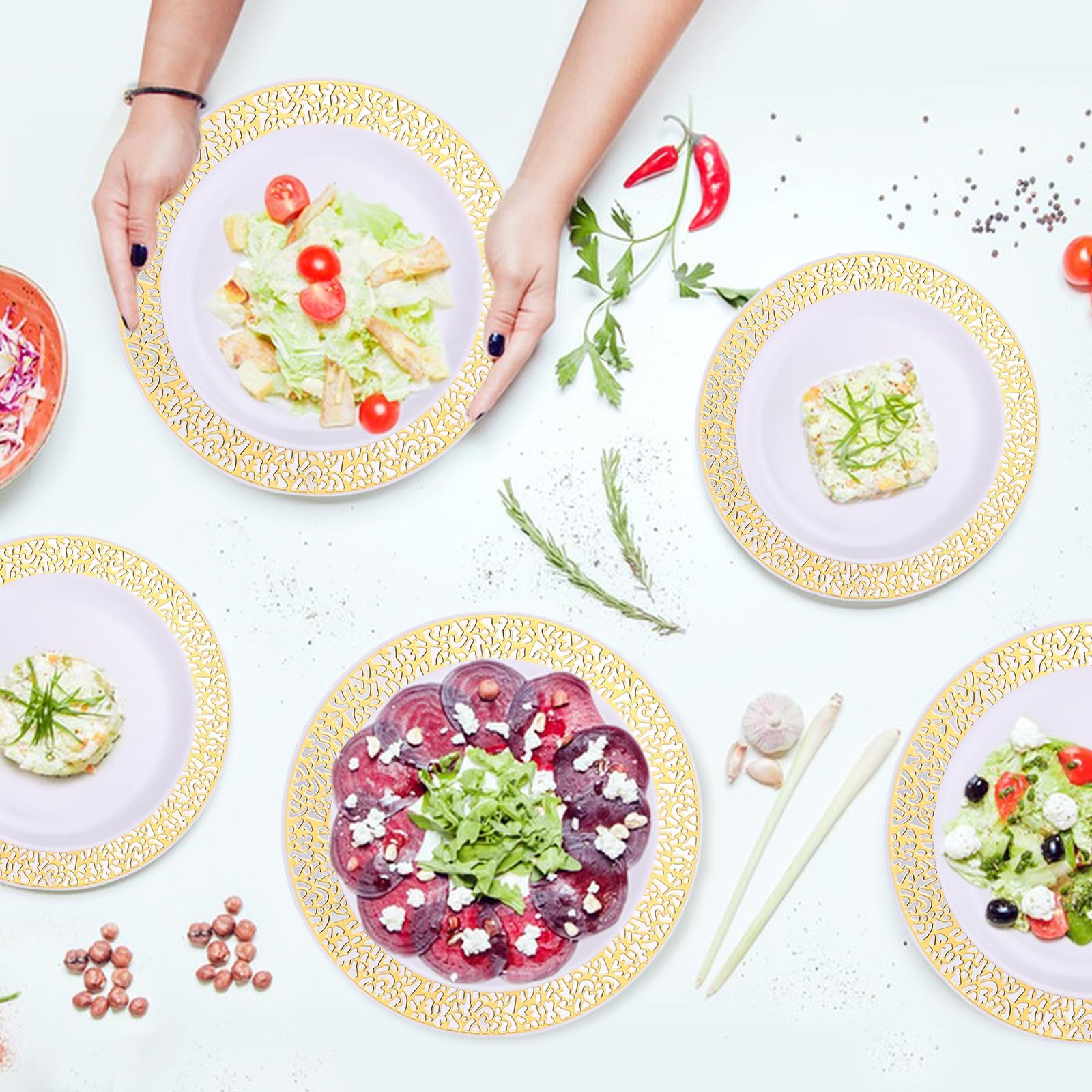 AKOLAFE 50 Piezas Platos Plástico Dorado, Platos Reutilizables con Borde Dorado 19 cm y 26 cm para Bodas Fiestas Cumpleanos Cena Postre Mesa Evento Decoración
