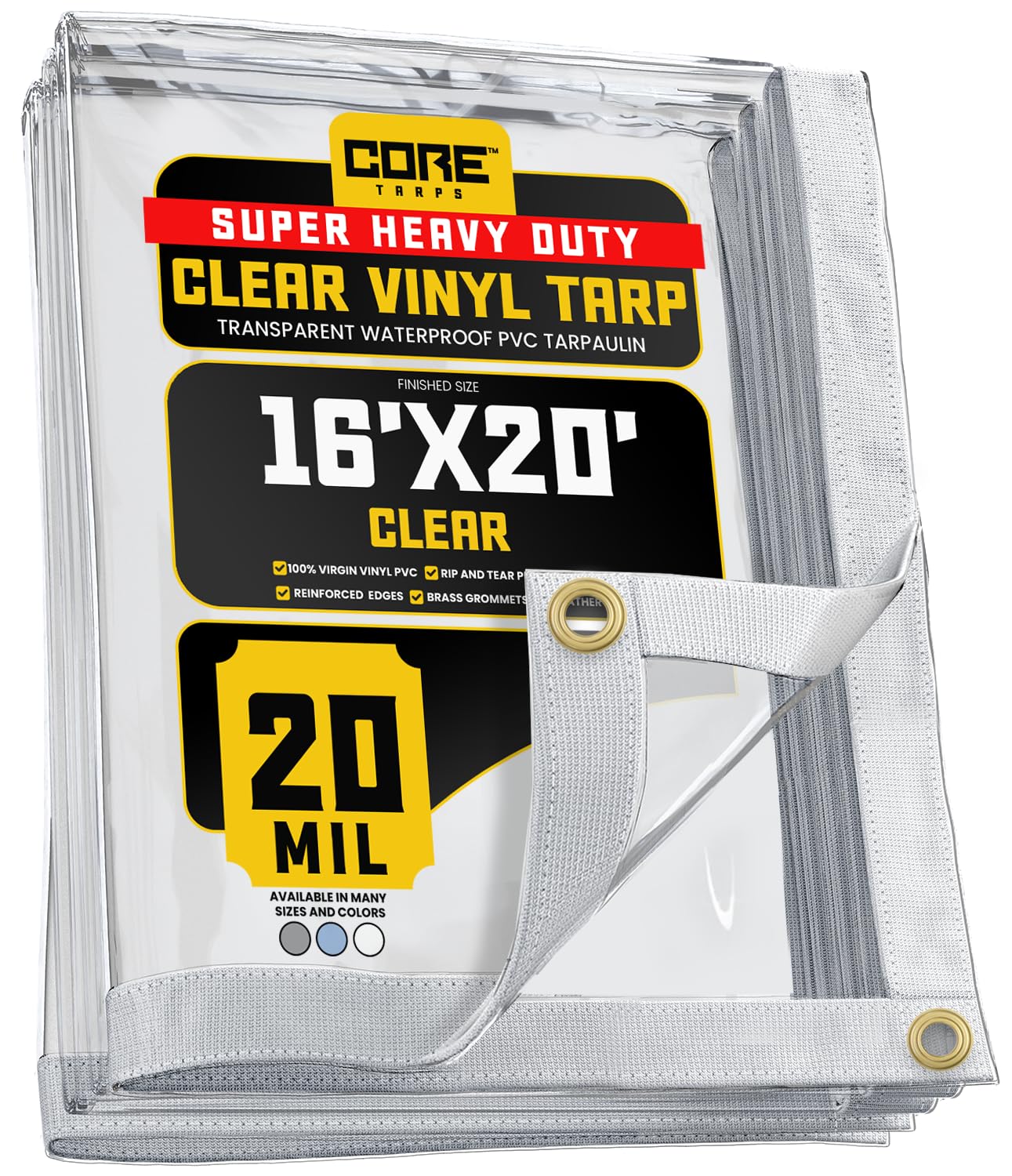 Core Tarps 20 Mil Extreme Heavy Duty Clear Tarp with Gromments - 16x20ft Super Clear Tarps Heavy Duty Waterproof Vinyl Tarpaulin, Transparent Tarp for