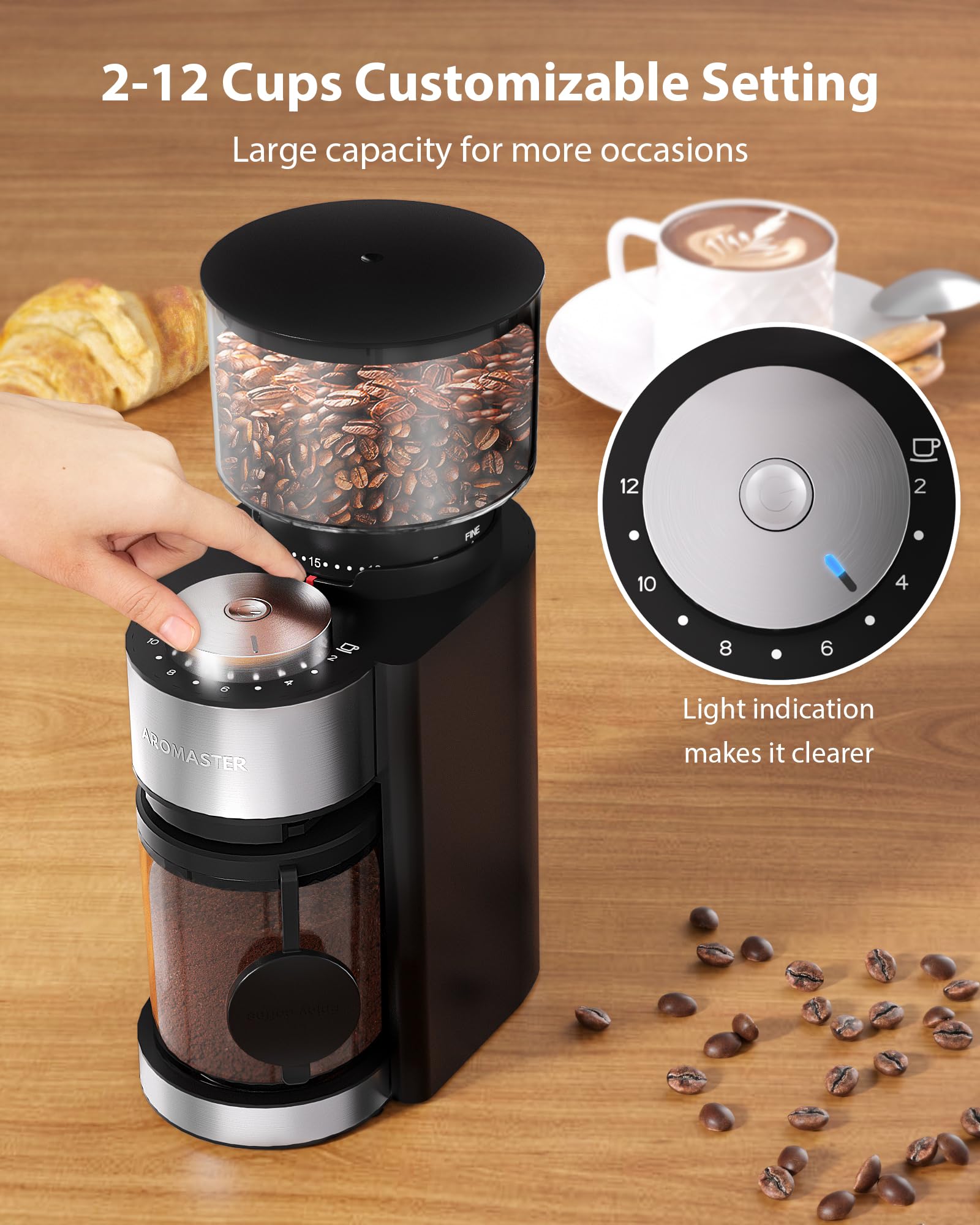 Aromaster Conical Burr Coffee Grinder with 25 Grind Settings,Adjustable 2-12 Cups Timer,Coffee Bean Grinder,3-Ear Portafilter Holder, Anti-static Design,Cleaning Brush Included,Black — view 5