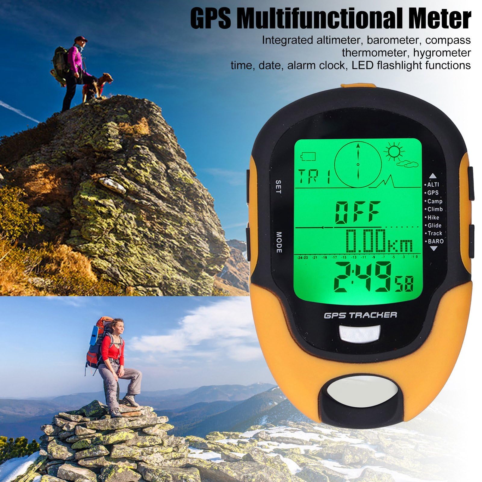HERCHR Altímetro Digital, medidor Multifuncional GPS, termómetro de Mano portátil, higrómetro, brújula Digital a Prueba de Agua para Coche, Senderismo, Camping