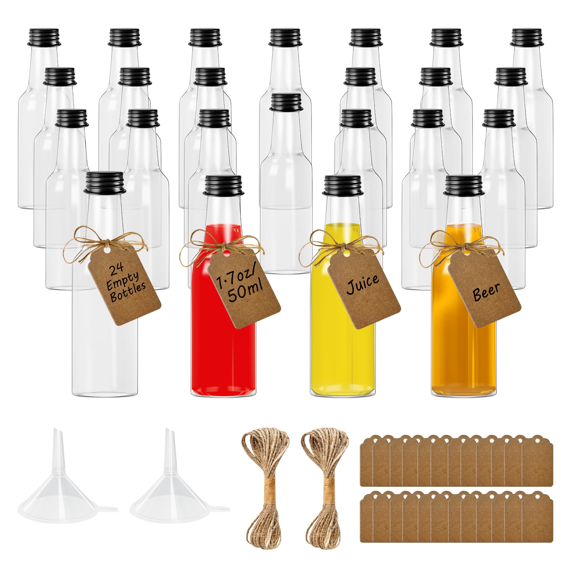 24 Pezzi Mini Bottiglie Plastica 50 ml, Trasparente Bottigliette Liquore Mignon con Imbuti, Piccole Bottiglia Riutilizzabili per Feste, Viaggi, Picnic