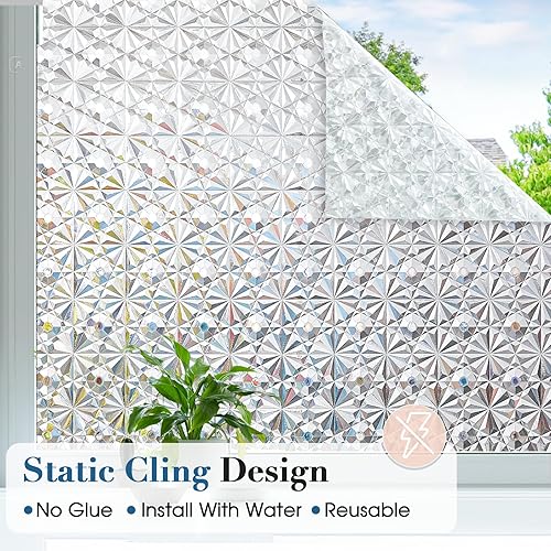 Miniatura 6 de Windimiley Película de privacidad para ventana, película de vitrales con control de calor UV, arcoíris esmerilado, película decorativa de baño