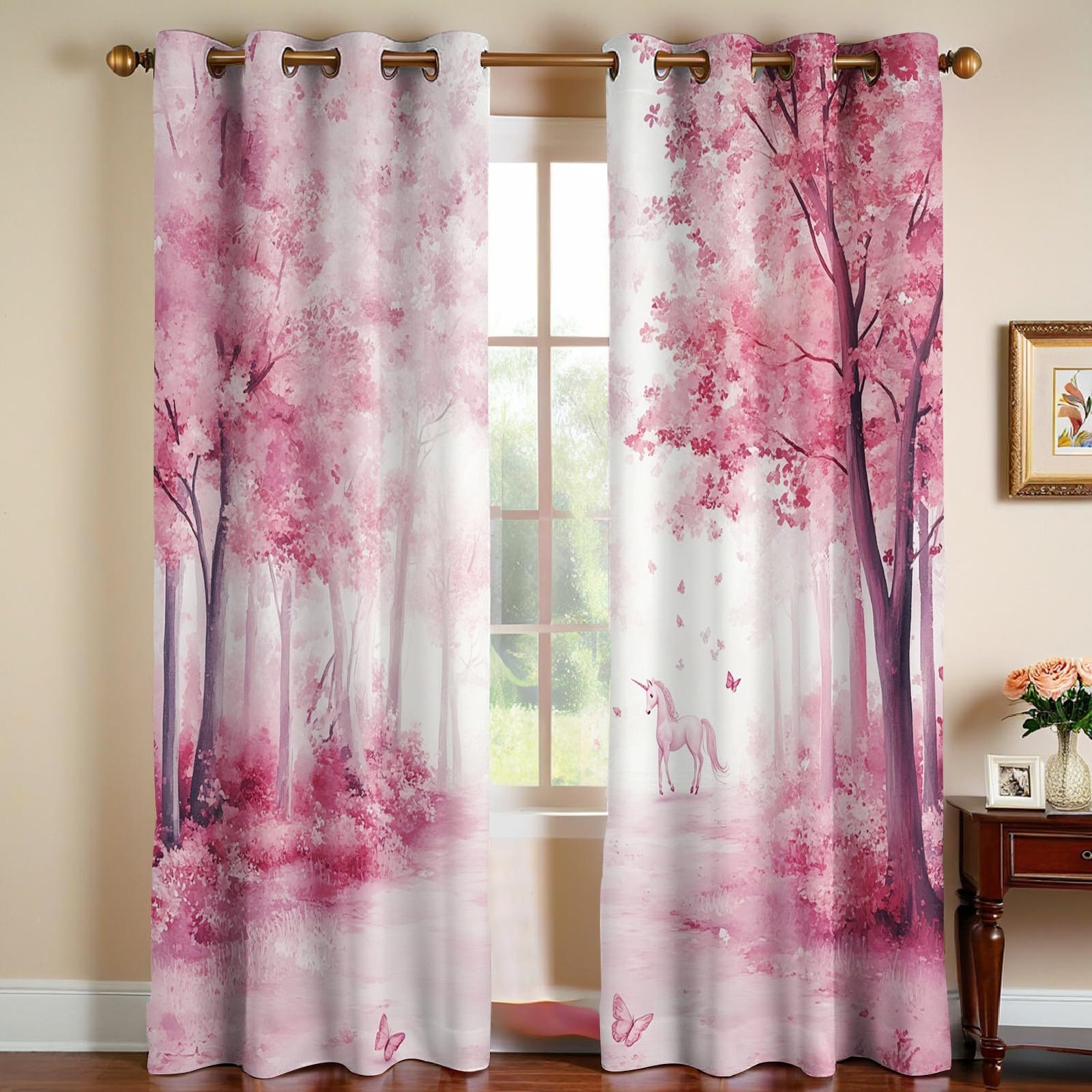 Lot de 2 Rideaux Occultants Phoniques Licorne Thermiques Anti Froid avec Œillets, Opaques Rose Clair pour Chambre Enfant et Salon 140L X 175H cm