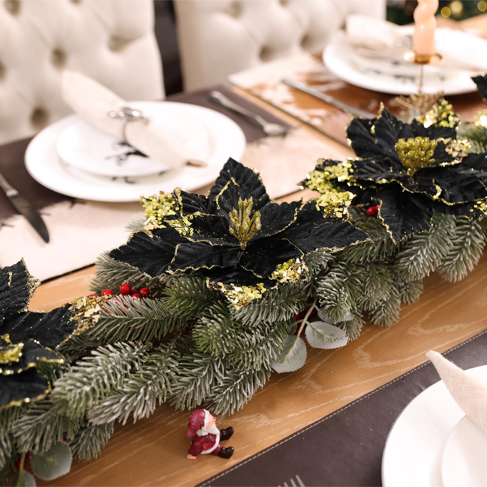 U'Artlines Lot de 12 grandes fleurs de poinsettia artificielles avec clips - 22,9 cm - Noir pailleté - Décorations de Noël pour sapin de Noël, Nouvel An, vacances, fête de mariage