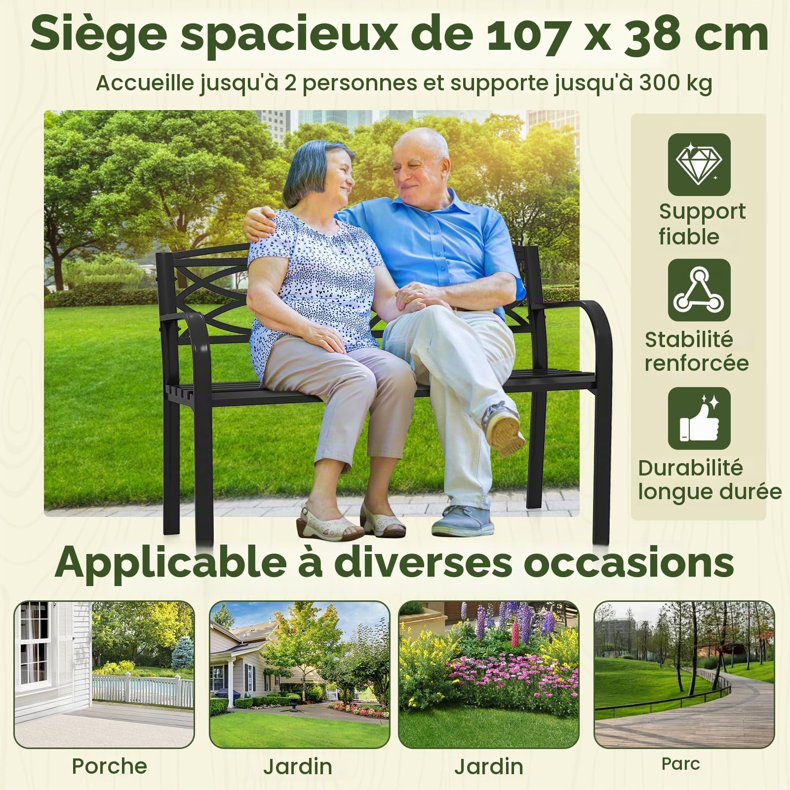 KOMFOTTEU Banc de Jardin 2 Places, Métal, 116 x 49 x 83 cm
