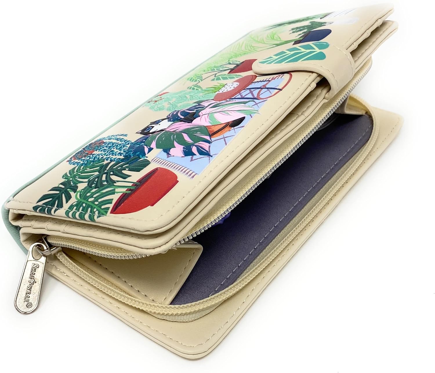 Shag Wear Plant Life Large Wallet Vegan Faux Leather Botanical Design with Cat Clutch Card Slots Bill Compartments ID Window Zippered Coin Pocket 7" Beige