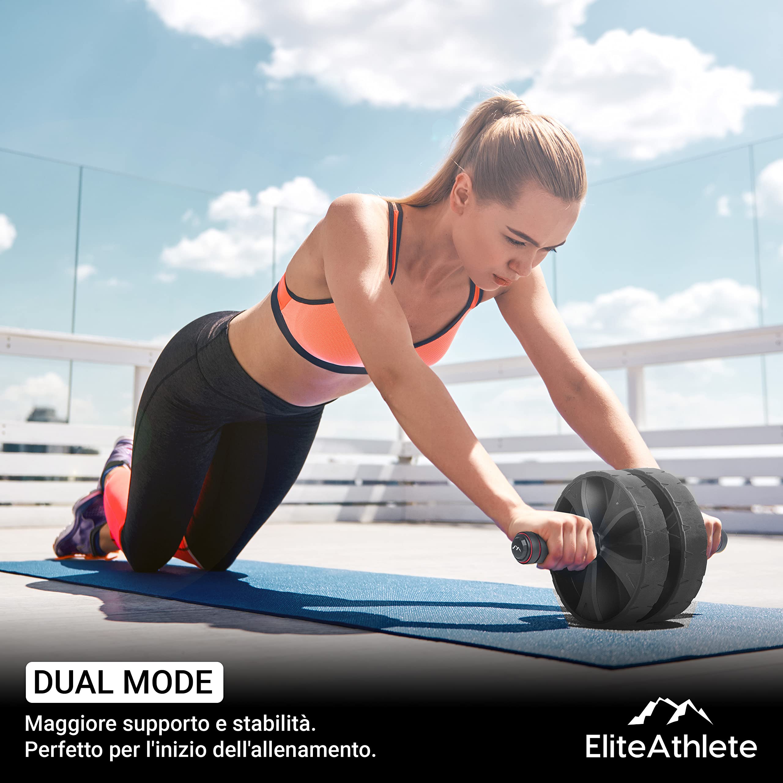 EliteAthlete AB Wheel Roller - Rullo per addominali a casa, con tappetino imbottito per ginocchia