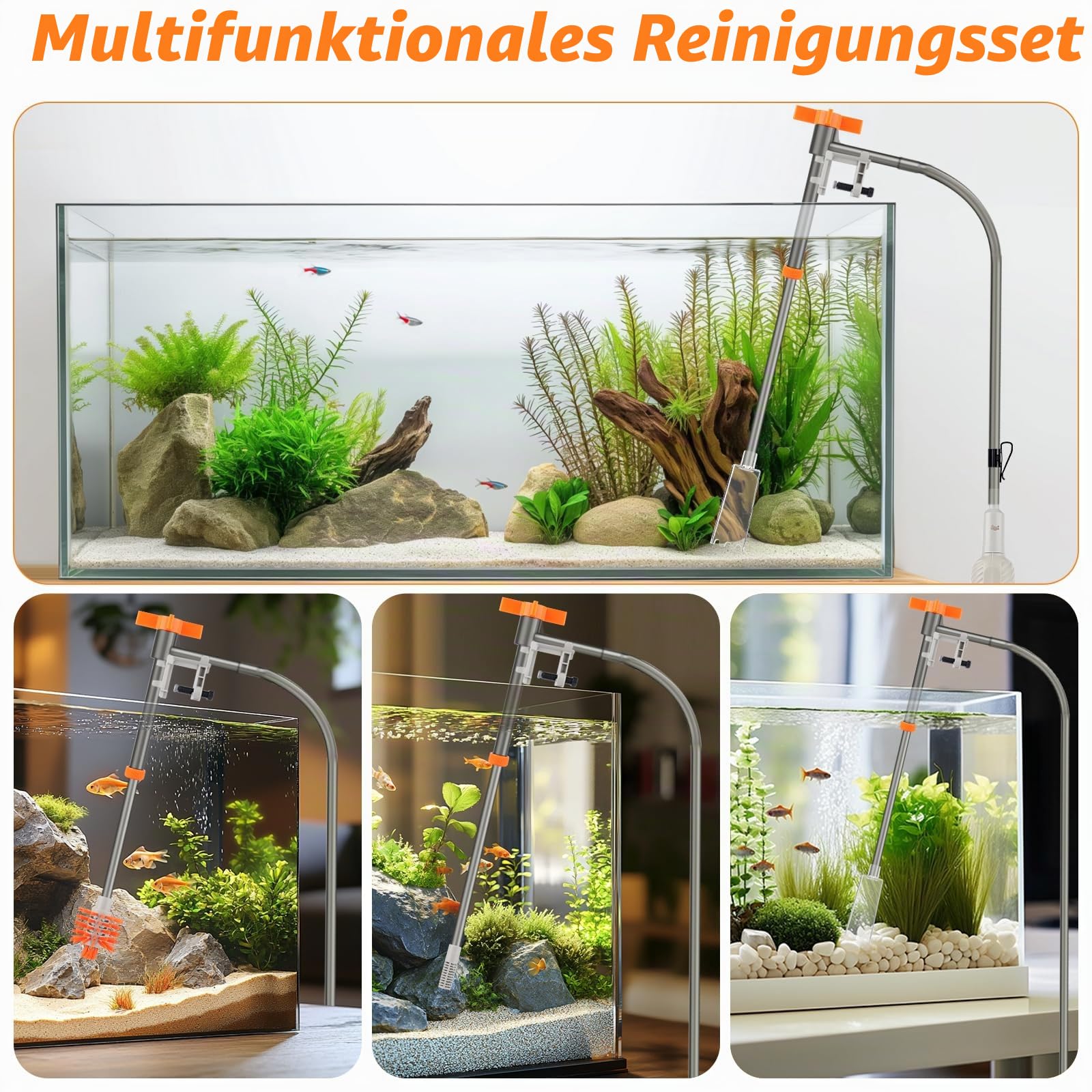 AQQA Mulmsauger Aquarium, Aquarium Sauger Bodengrund Reinigen, 3-in-1 Aquarium Reiniger mit Einstellbarer Wasserdurchfluss, Manueller Wasserwechsel und Sandreinigung (AQ177-M)