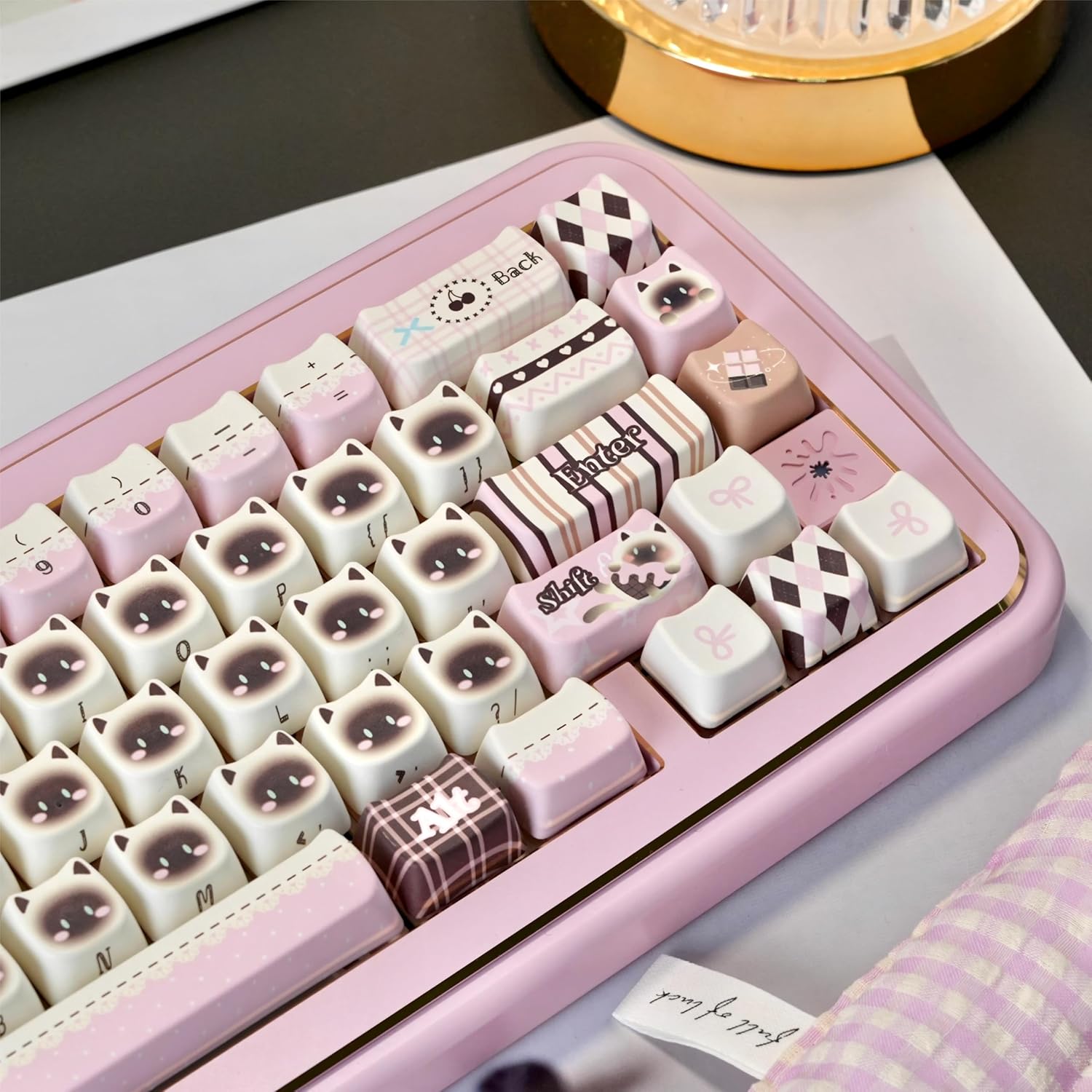 PBT Keycaps-Pink Cat Keycap Mao Profile, Siamese Cat Themed Keycaps Kawaii Cute Keyboard Keycap, Dye-Sublimation Creamy Custom Key Cap for Cherry MX Mechanical Keyboards
