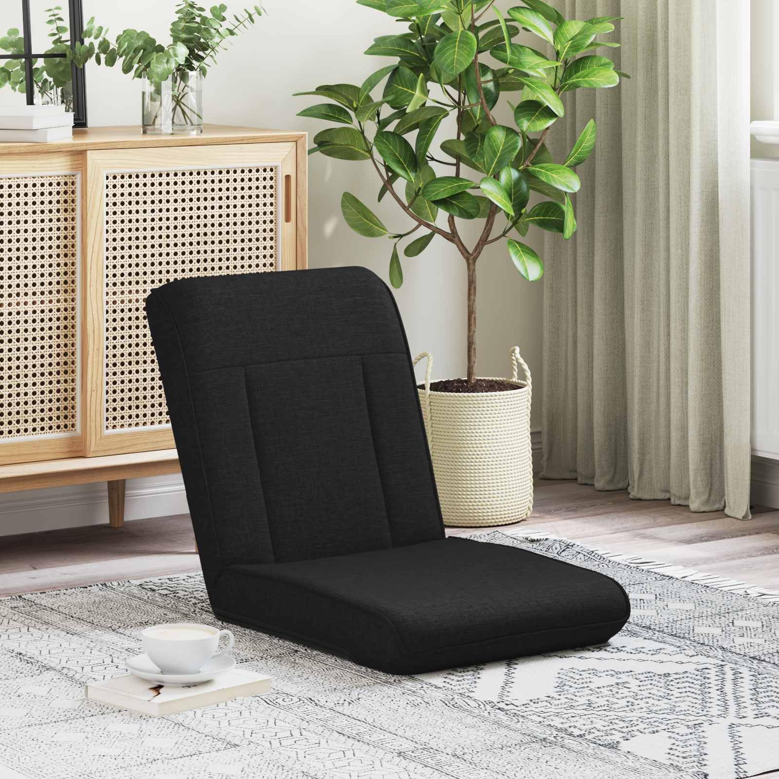 Krzesło podłogowe czarne z obiciem materiałowym, 50 x 73 x 60 cm, regulowane oparcie, składane i wyściełane, zajmuje mało miejsca i ergonomiczne, do czytania, jogi, gier i biura