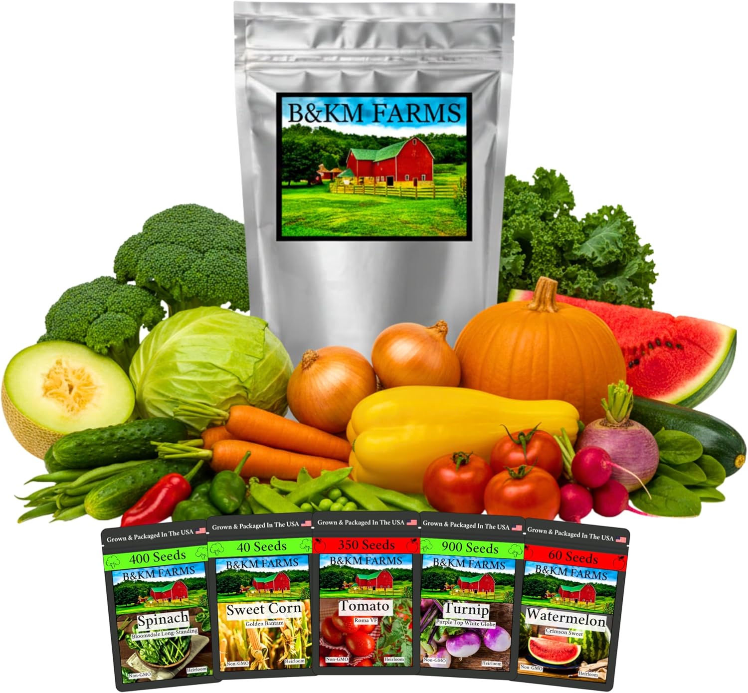 B&KM Farms 50,000+ Heirloom Seed Kit – 50 Varieties of Non-GMO Vegetable, Fruit & Herb Seeds for Home Gardening – High Germination, Hand-Packed, Weather-Resistant Packaging