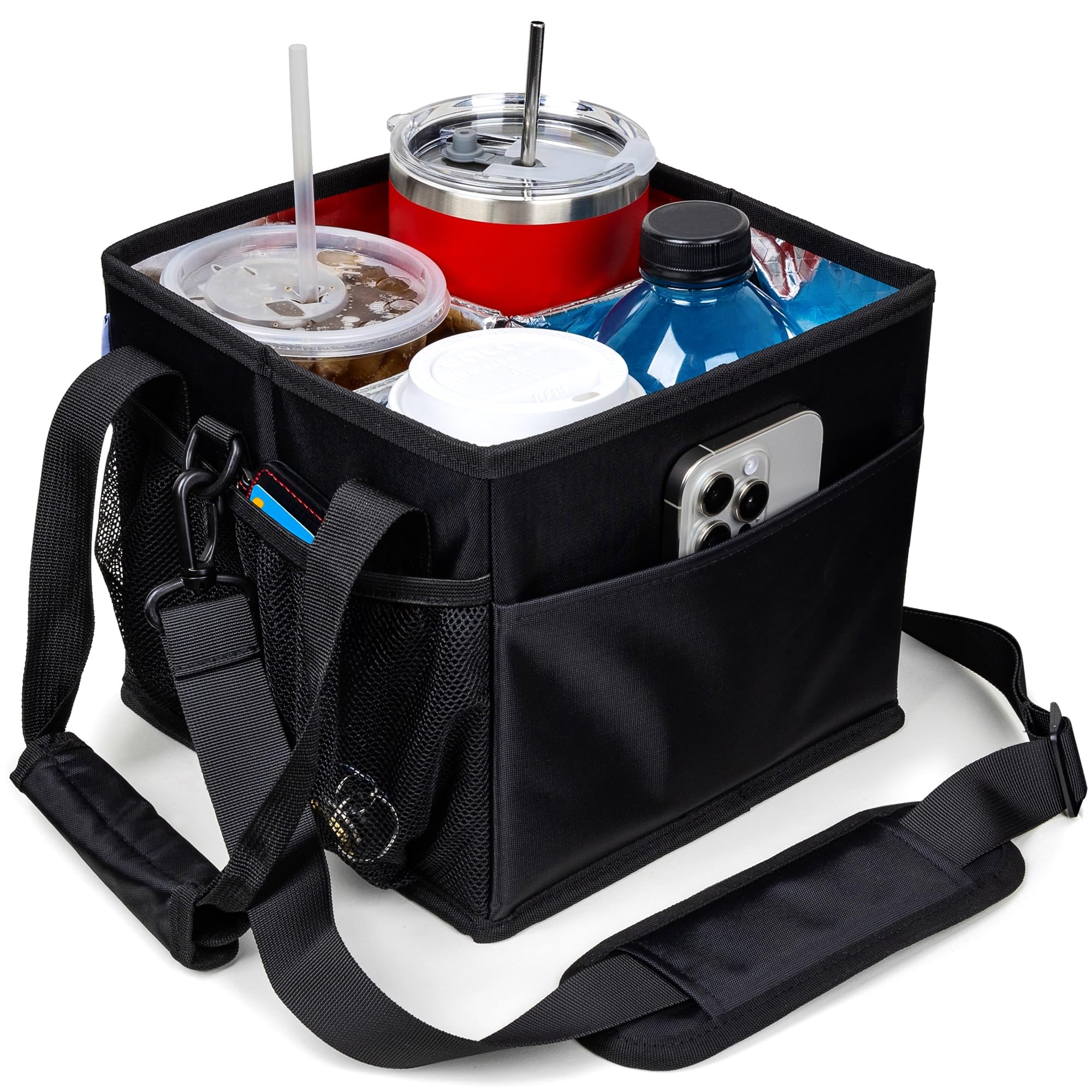 Savvy Lyfe Reusable Drink Carrier with Handle – 4 Cup Insulated Portable Cup Holder with Shoulder Strap – Leakproof, Foldable, Adjustable Dividers Caddy Tray, Water Bottle Holder, Bag for Delivery