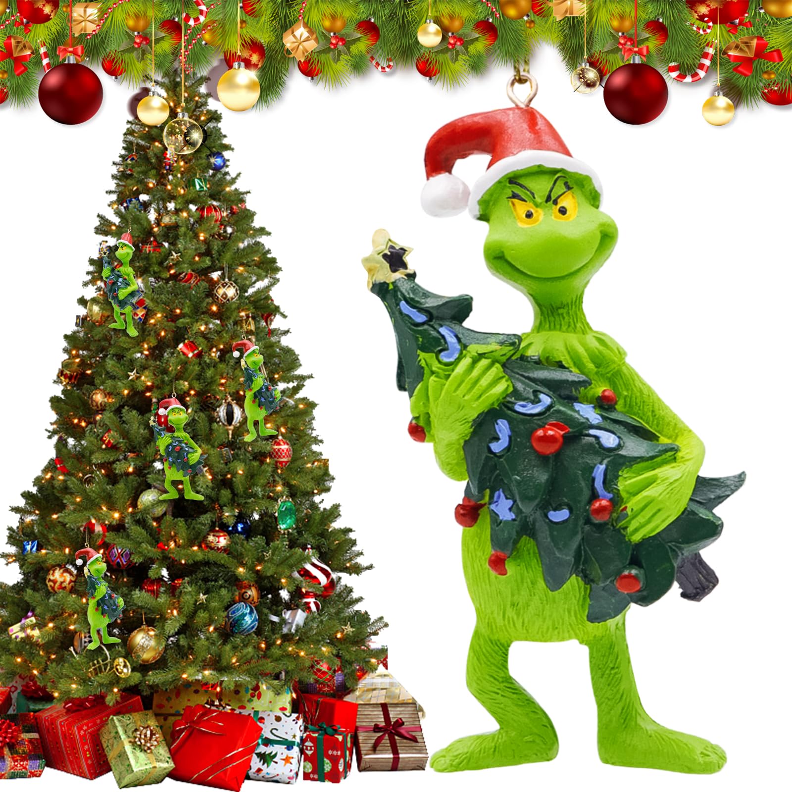 BUOAZR Grinch Decoraciones de Navidad, 3D Adornos de Grinch Colgantes, Colgante de Resina de Árbol de Navidad Grinch, Ornamentos de Navidad Verde Grinch, Grinch Decoraciones para Hogar, Fiesta
