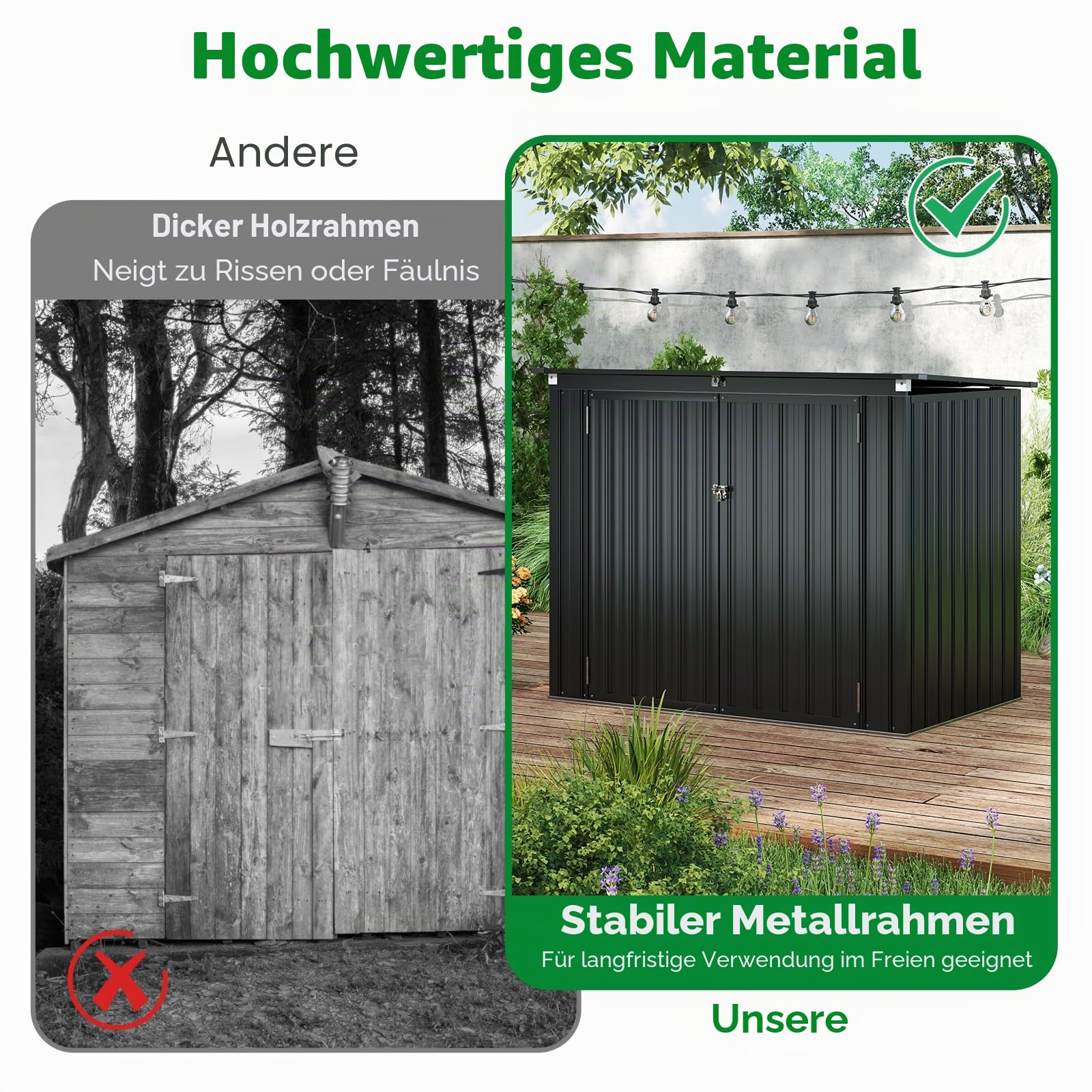 HOMASIS Mülltonnenbox für 2 Mülltonnen, 1,5 m² Gerätehaus Metall, wetterfest Geräteschuppen mit Doppeltür & Klappdeckel, abschließbar Gartenbox Müllbox dunkelgrau, inkl. 2 Handschuhen, 172x101x130cm