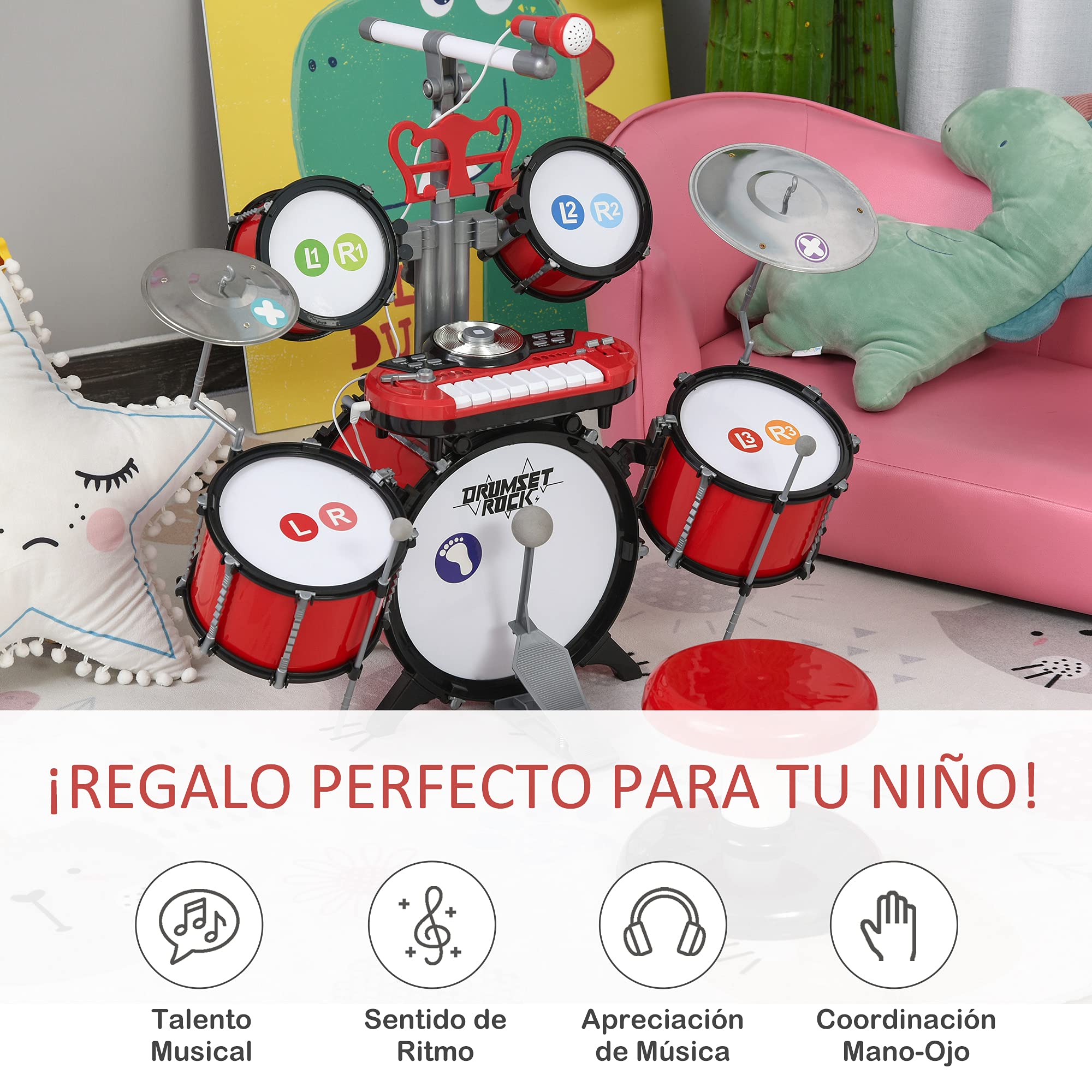 HOMCOM Batería Infantil con Taburete, Jazz Batería Infantil con 4 Tambores, Micrófono, Platos, Baquetas Teclado, Instrumento Musical para Niños +3 Años, Rojo