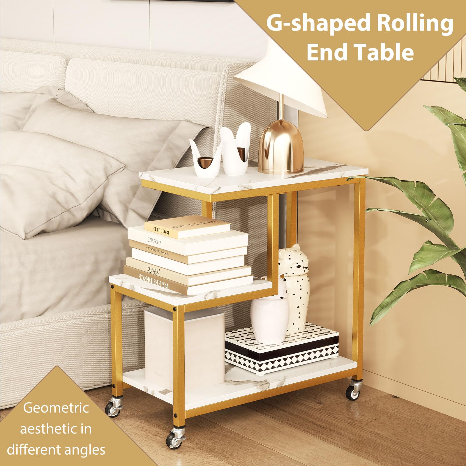 LIFEZEAL Mesa Auxiliar con 4 Ruedas, con Efecto mármol, Mesita de café móvil, Mesa Lateral Decorativa con 3 estantes, 59 x 30 x 61 cm (Blanco)