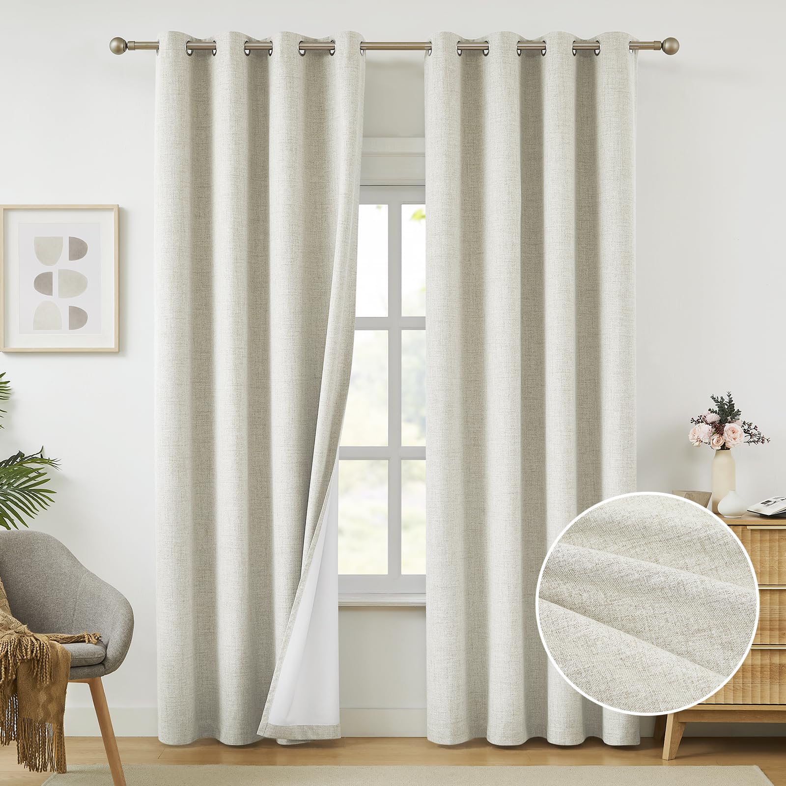 melodieux 100% blackout natural linen curtains 84 inch length 2 panels set, bedroom living room darkening thermal insulated grommet drapes, elegant farmhouse linen textured curtains, 52x84 inch