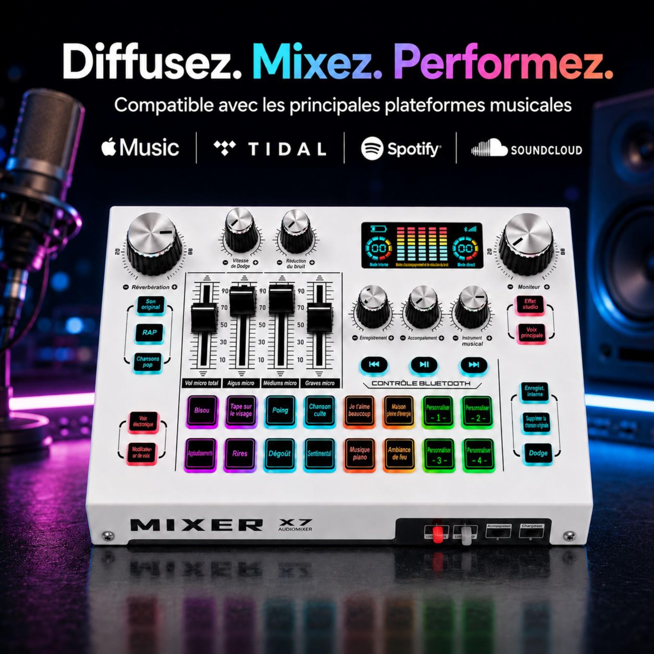 Mixeur audio USB pour podcasts et streaming, contrôleur audio DJ avec réduction du bruit, interface XLR, mixeur d'enregistrement en direct