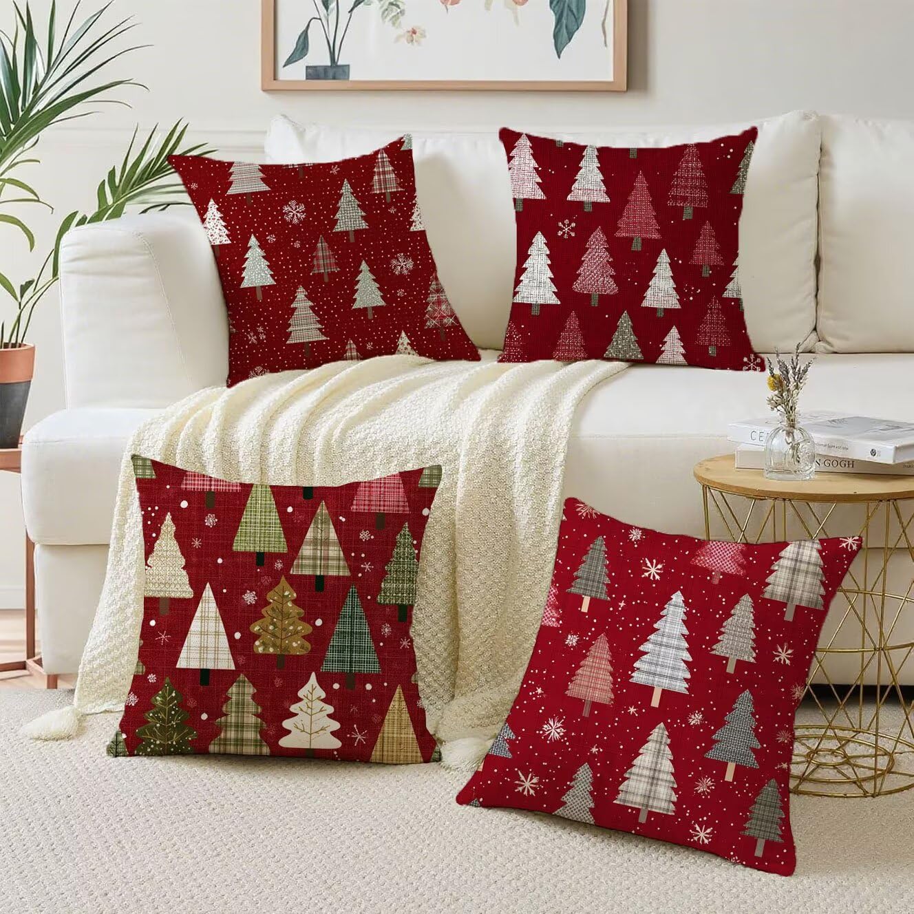 Albero Cuscini da Esterno 50x50 Set da 4 Federe Cuscini Divano Fiocchi neve Copricuscini Velluto Copri Cuscino Divano, Impermeabili Copricuscino, Quadrato Cuscino Decorativo, Moderna Decorazione t-789