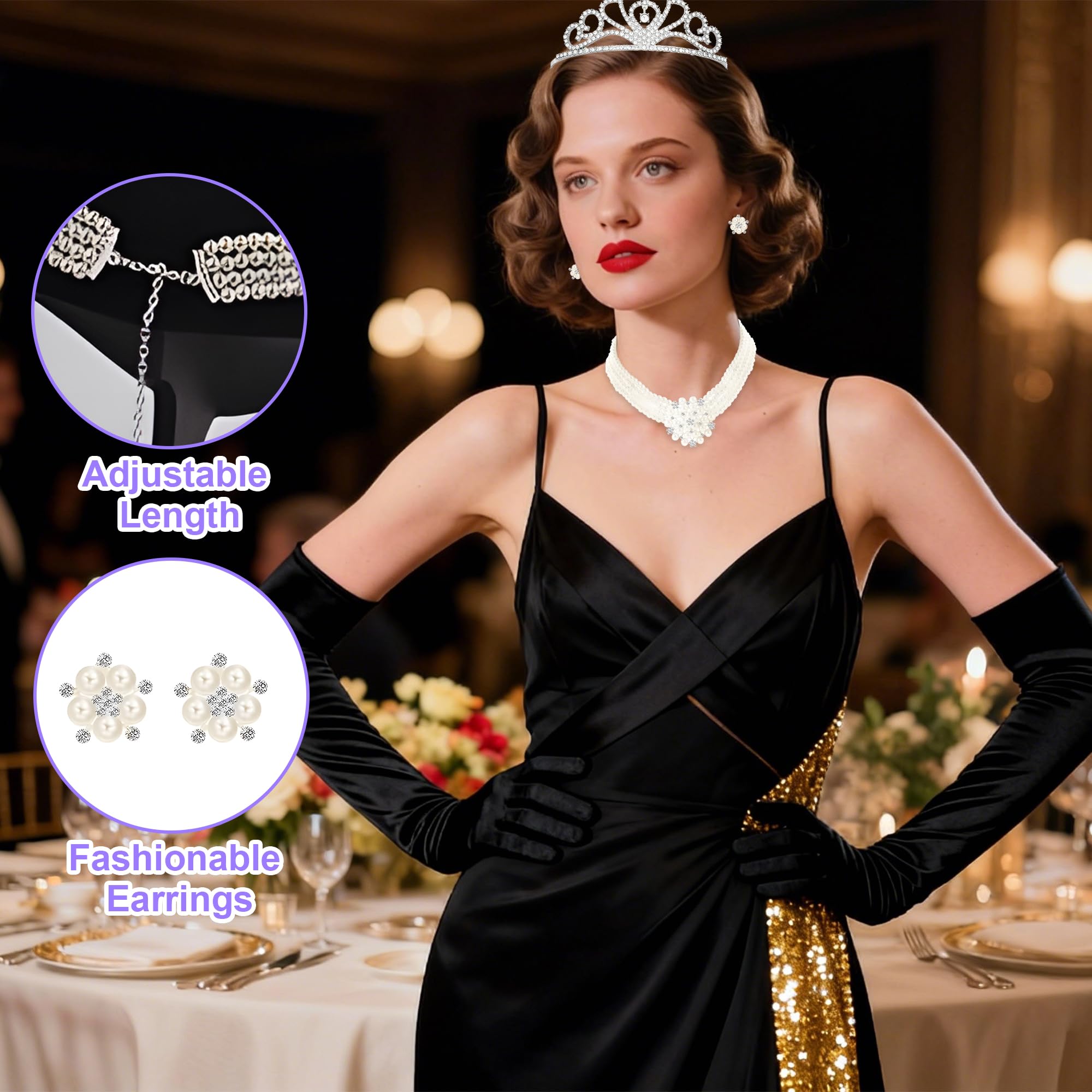 cadelon 6-Piece 1920s Retro Accessories Set for Women: Vintage Crown, Necklace, Earrings, Gloves, Sunglasses & Stand - Image 4